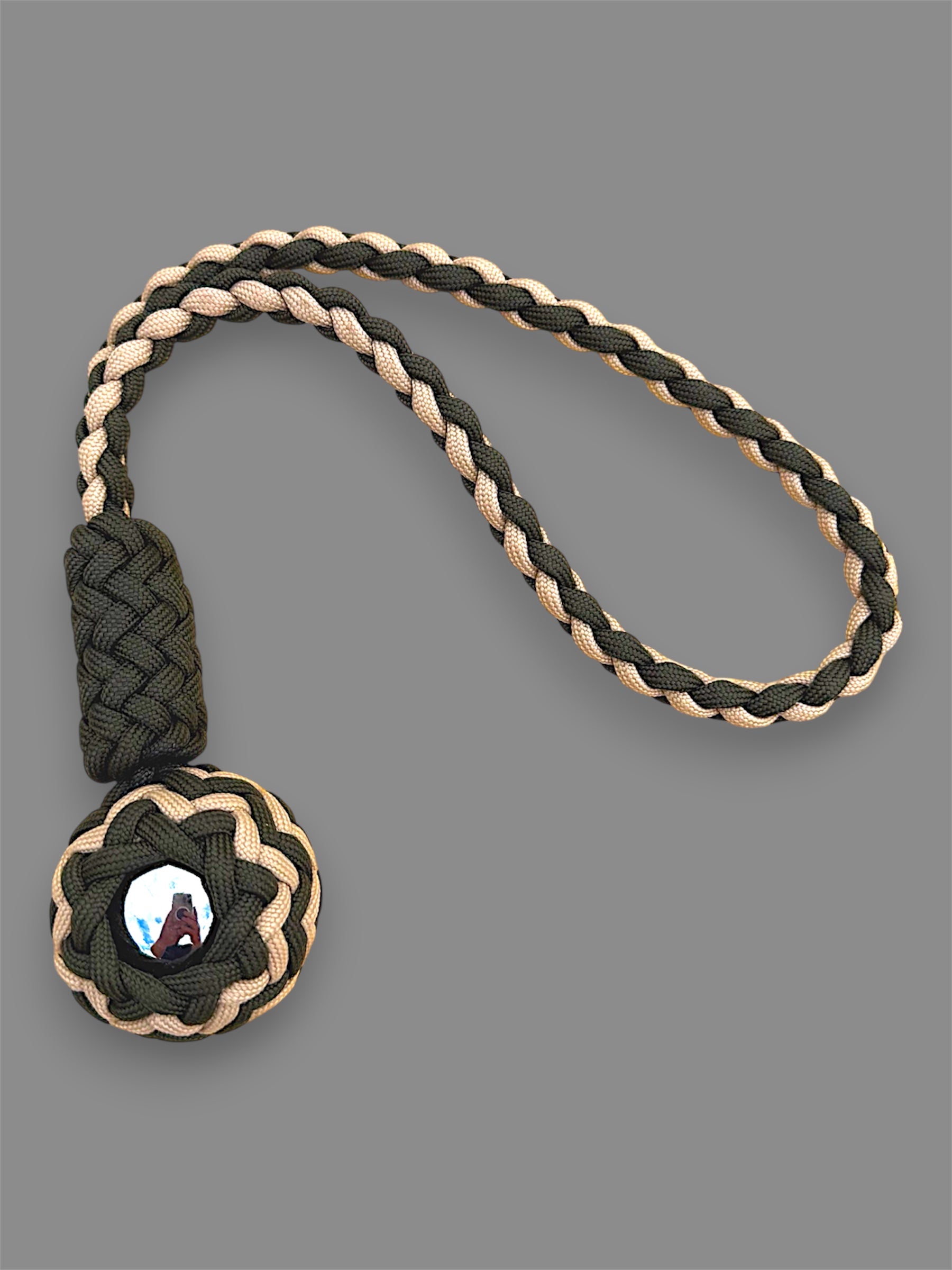 Decorative Paracord Wrapped 1.5 inch Steel Ball in OD Green and Tan monkey fist style with a handle