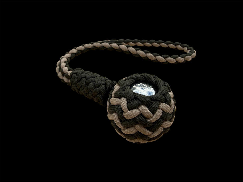 Decorative Paracord Wrapped 1.5 inch Steel Ball in OD Green and Tan monkey fist style with a handle