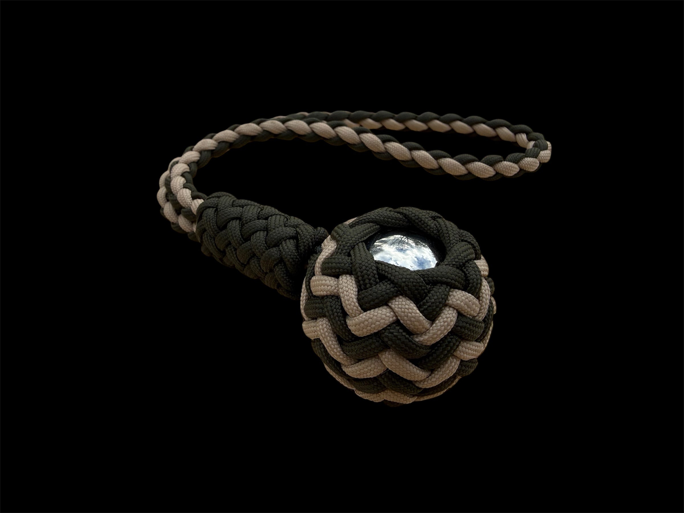 Decorative Paracord Wrapped 1.5 inch Steel Ball in OD Green and Tan monkey fist style with a handle