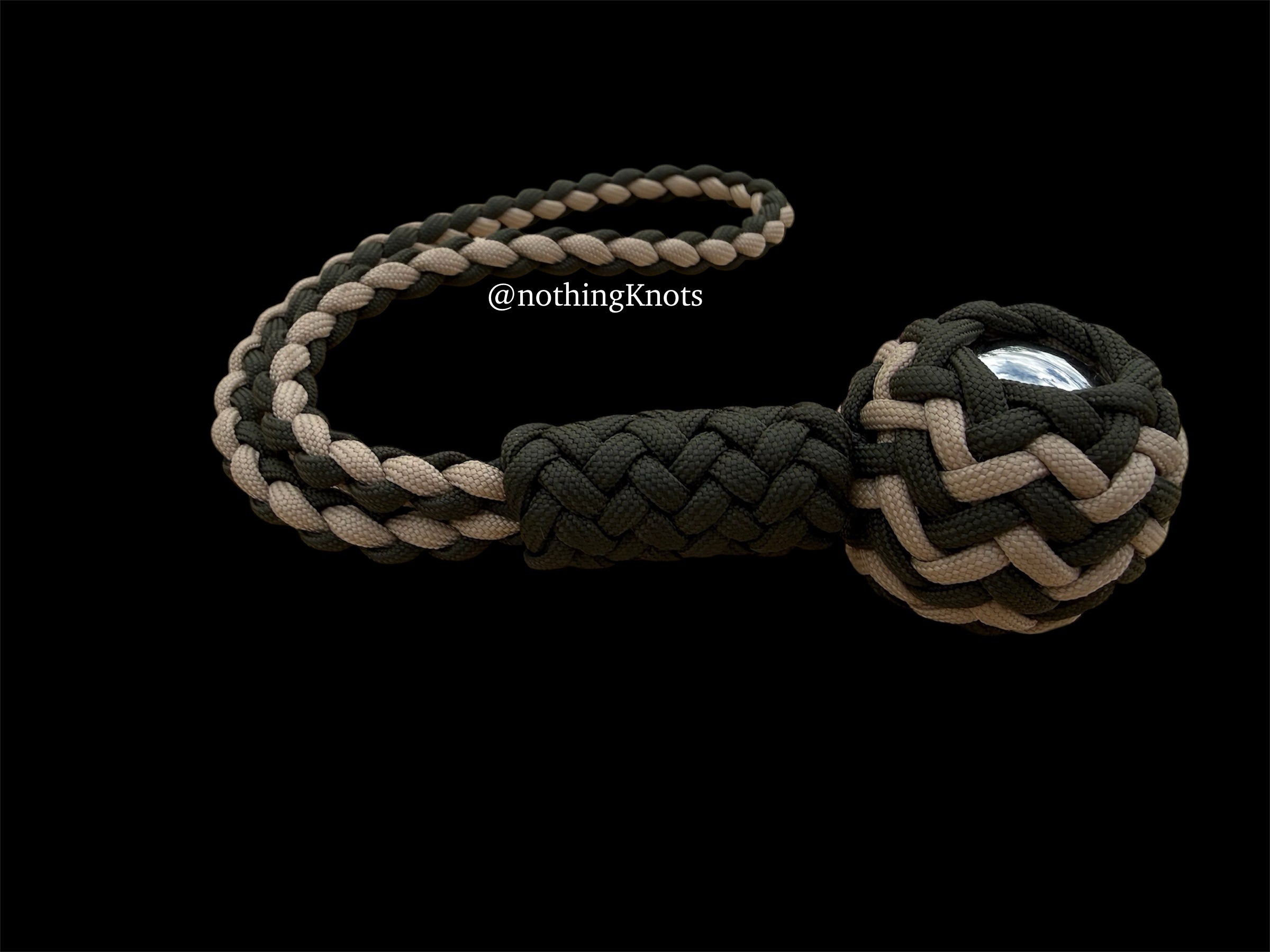 Decorative Paracord Wrapped 1.5 inch Steel Ball in OD Green and Tan monkey fist style with a handle