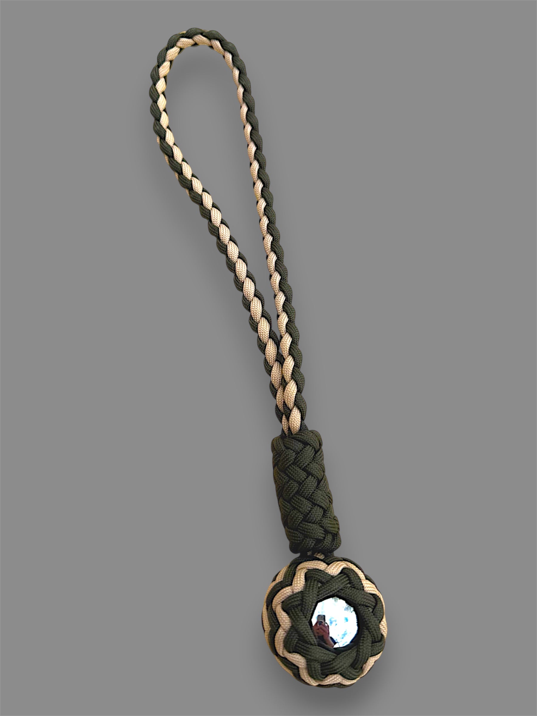 Decorative Paracord Wrapped 1.5 inch Steel Ball in OD Green and Tan monkey fist style with a handle