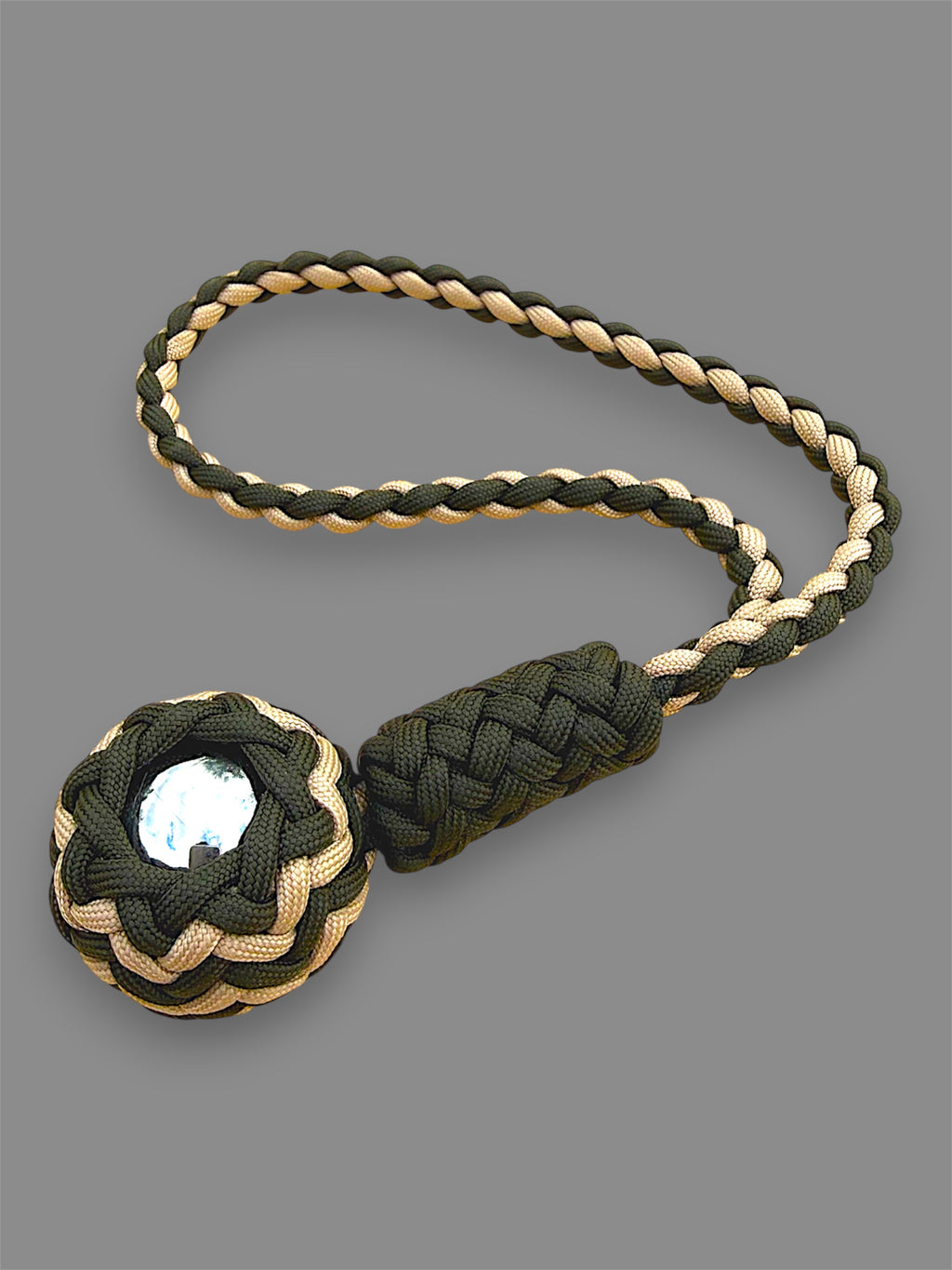 Decorative Paracord Wrapped 1.5 inch Steel Ball in OD Green and Tan monkey fist style with a handle
