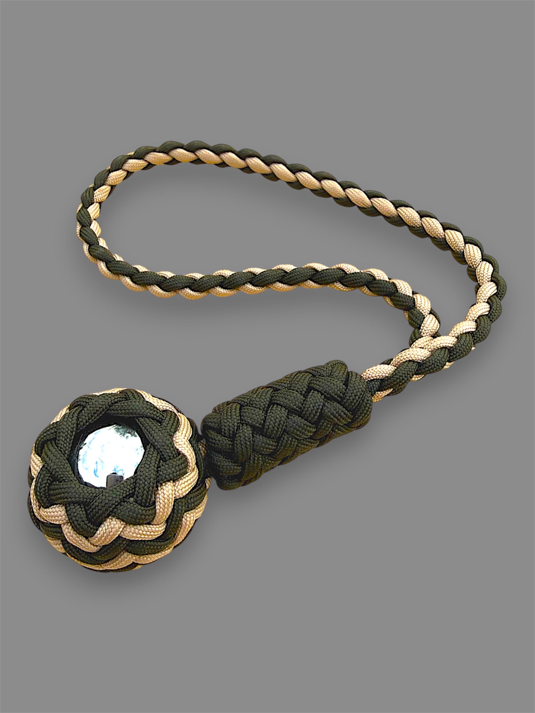 Decorative Paracord Wrapped 1.5 inch Steel Ball in OD Green and Tan monkey fist style with a handle