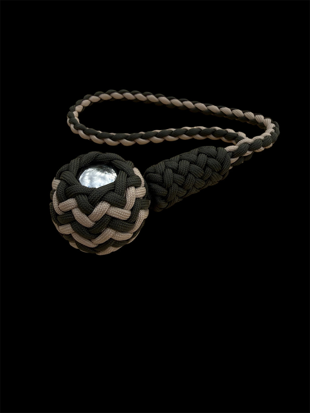 Decorative Paracord Wrapped 1.5 inch Steel Ball in OD Green and Tan monkey fist style with a handle