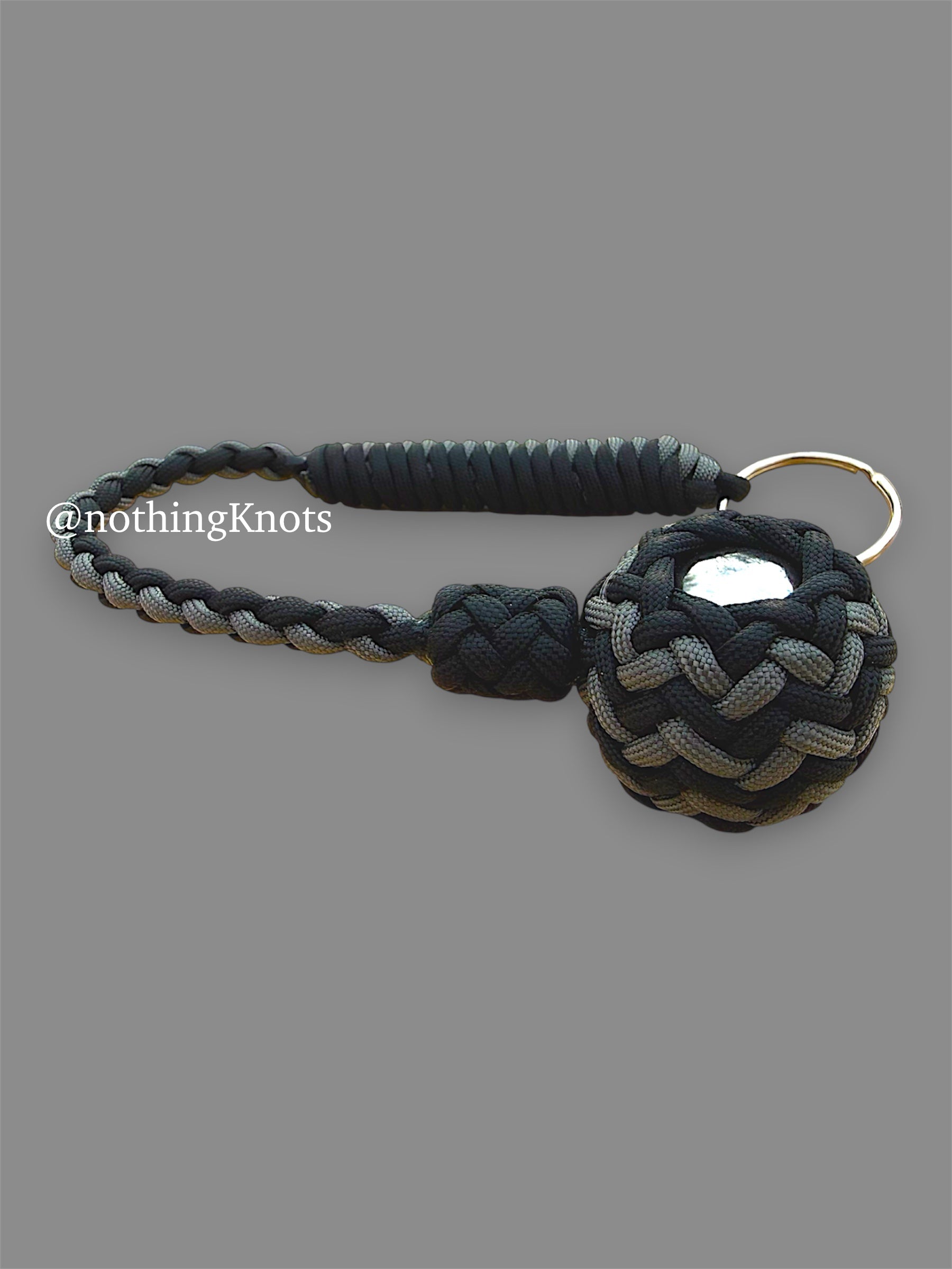 Decorative Paracord Wrapped 1.5 inch Steel Ball in Black and Charcoal Gray Keychain monkey fist style on a split ring
