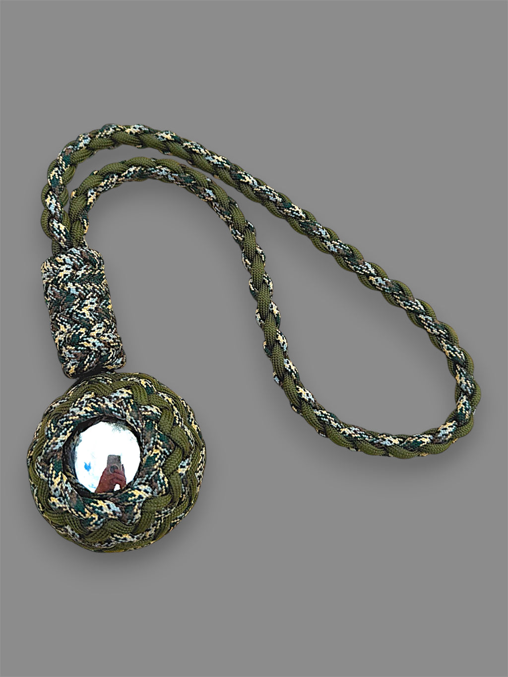 Decorative Paracord Wrapped 2 inch Steel Ball in OD Green and Waterfowl Camo monkey fist style with a handle