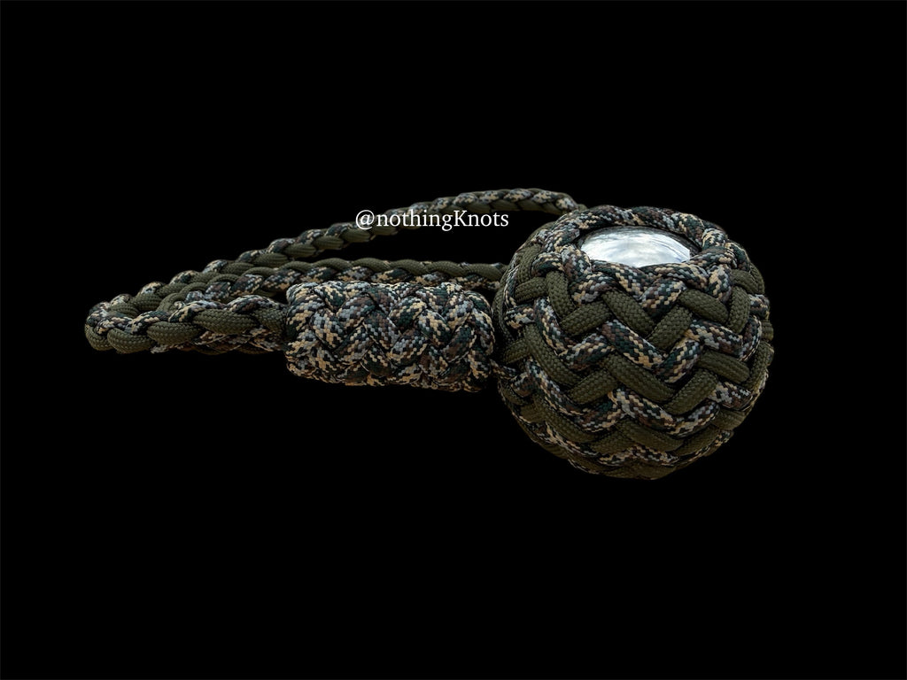 Decorative Paracord Wrapped 2 inch Steel Ball in OD Green and Waterfowl Camo monkey fist style with a handle