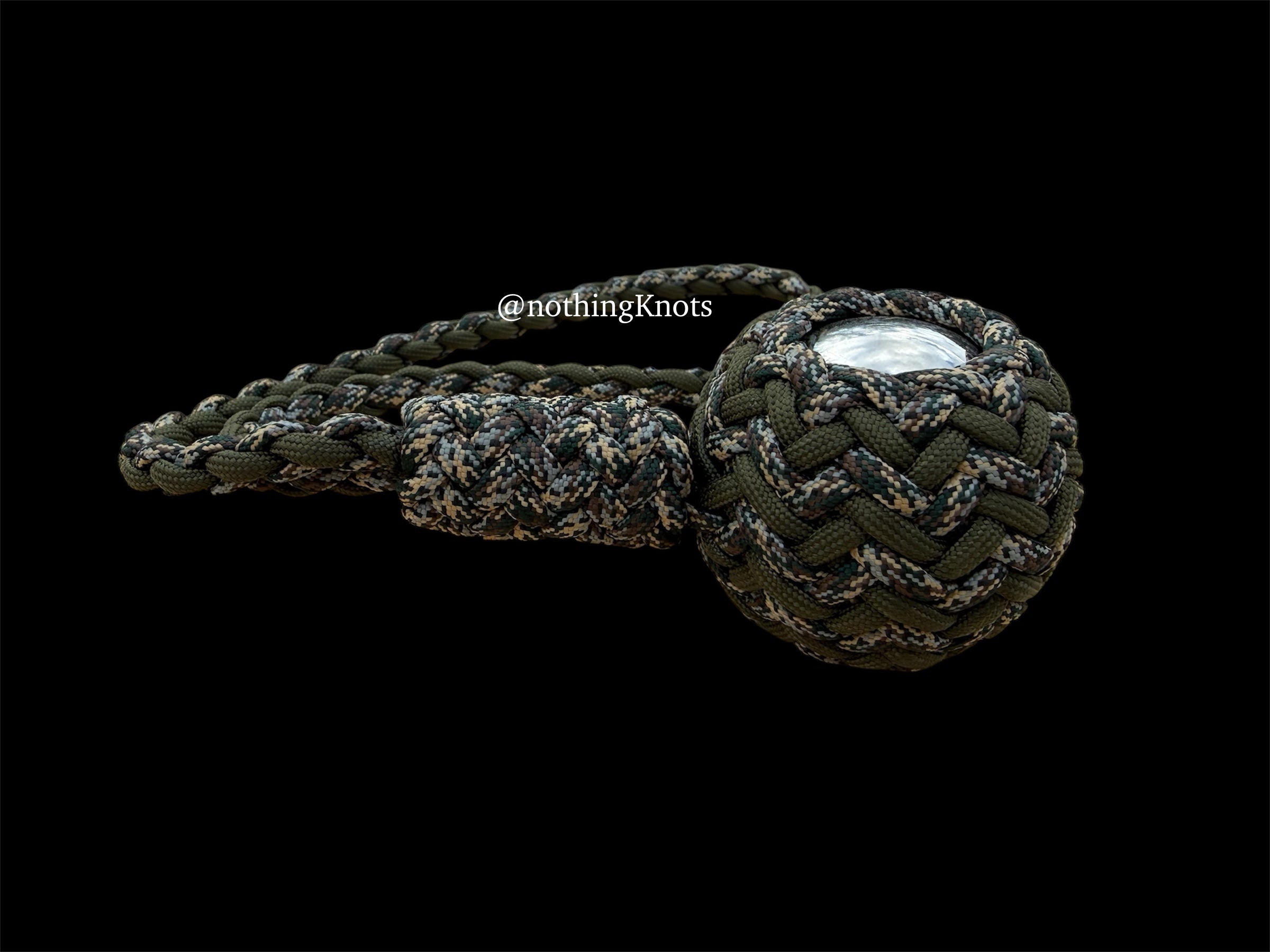 Decorative Paracord Wrapped 2 inch Steel Ball in OD Green and Waterfowl Camo monkey fist style with a handle