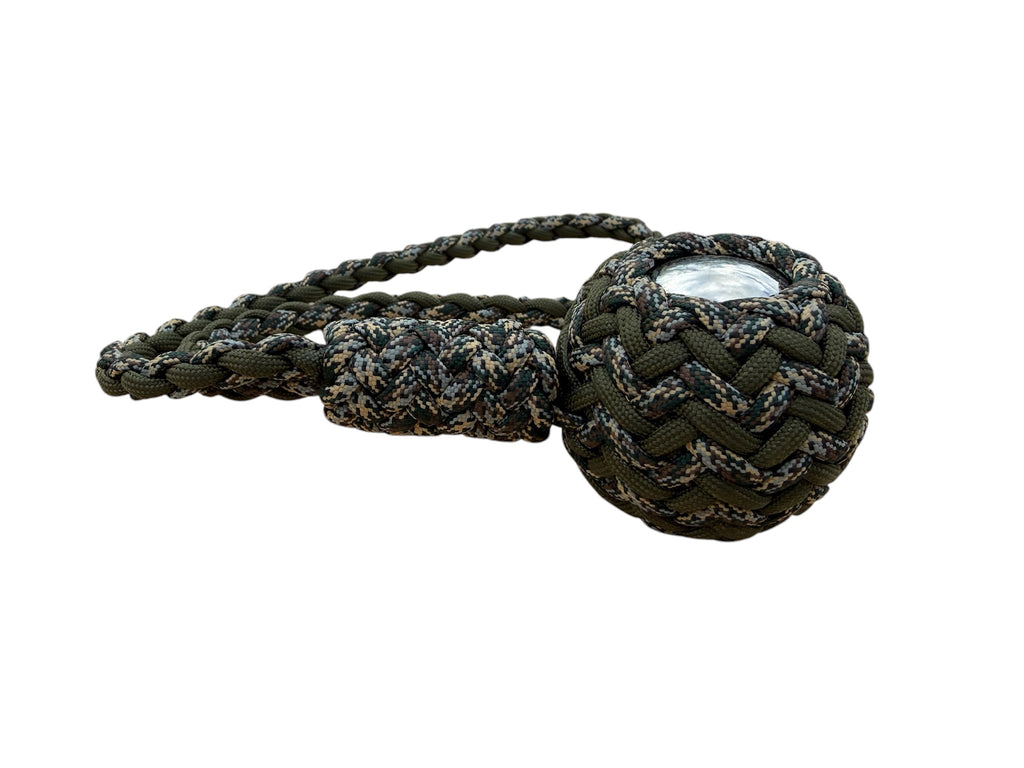 Decorative Paracord Wrapped 2 inch Steel Ball in OD Green and Waterfowl Camo monkey fist style with a handle