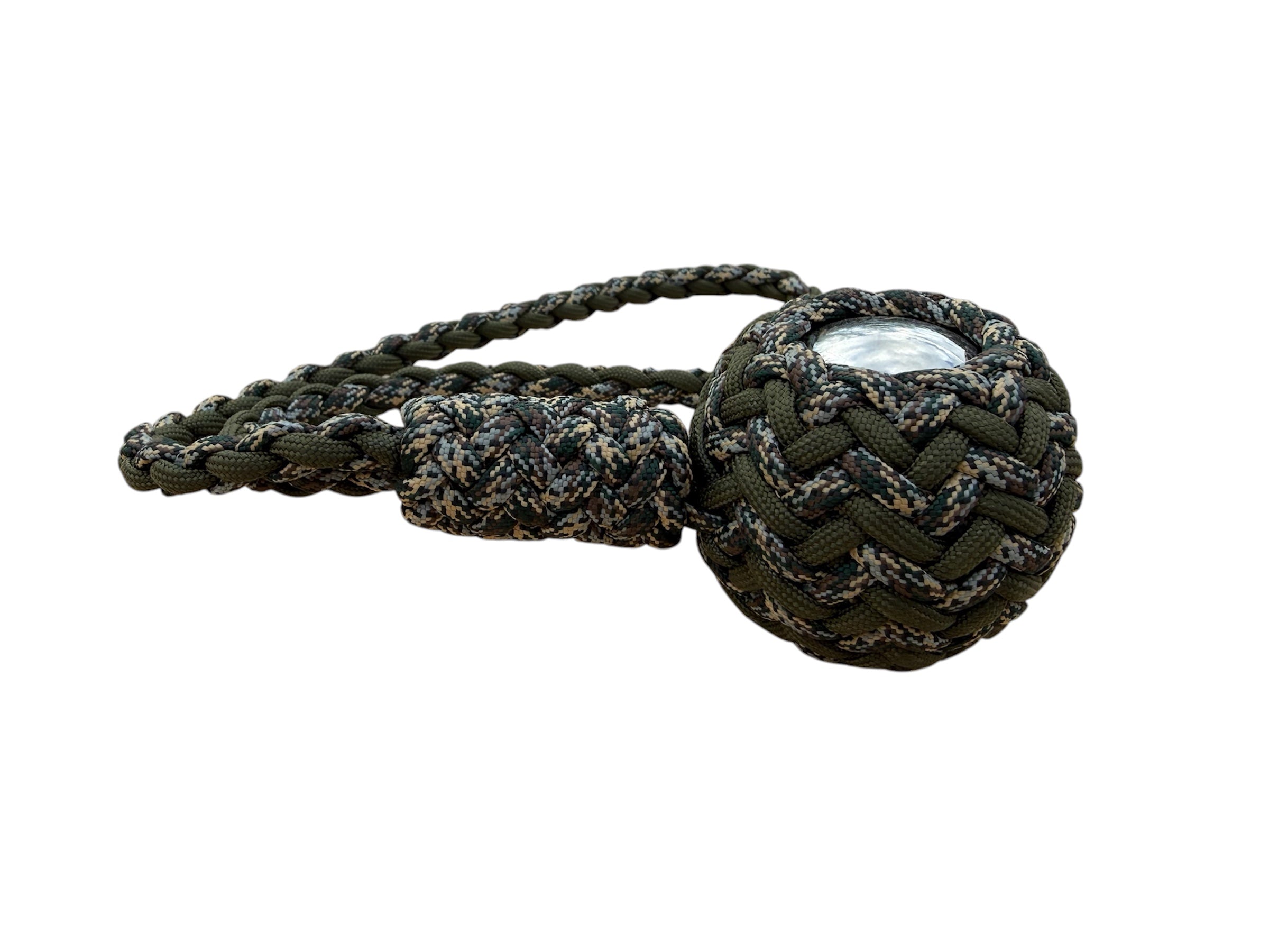 Decorative Paracord Wrapped 2 inch Steel Ball in OD Green and Waterfowl Camo monkey fist style with a handle