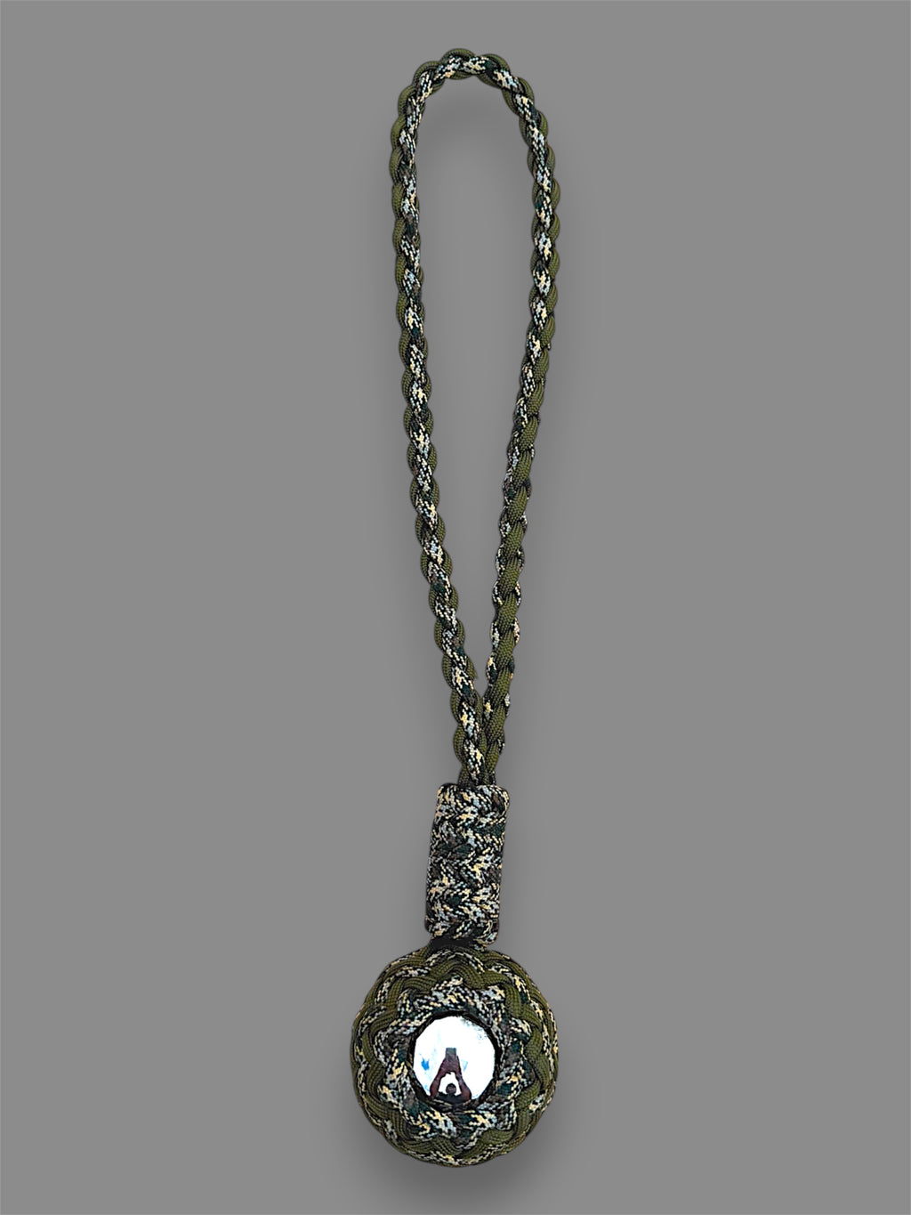 Decorative Paracord Wrapped 2 inch Steel Ball in OD Green and Waterfowl Camo monkey fist style with a handle