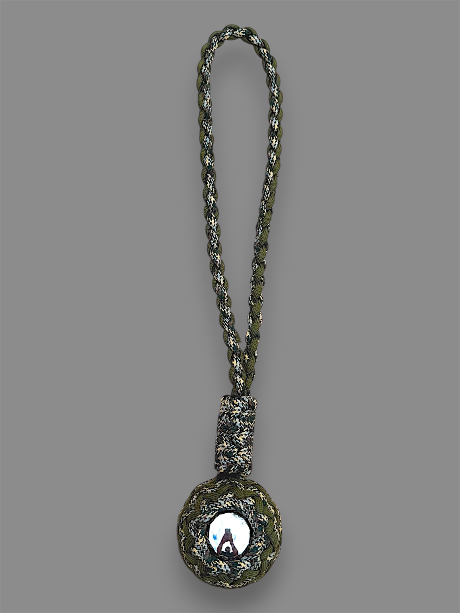 Decorative Paracord Wrapped 2 inch Steel Ball in OD Green and Waterfowl Camo monkey fist style with a handle