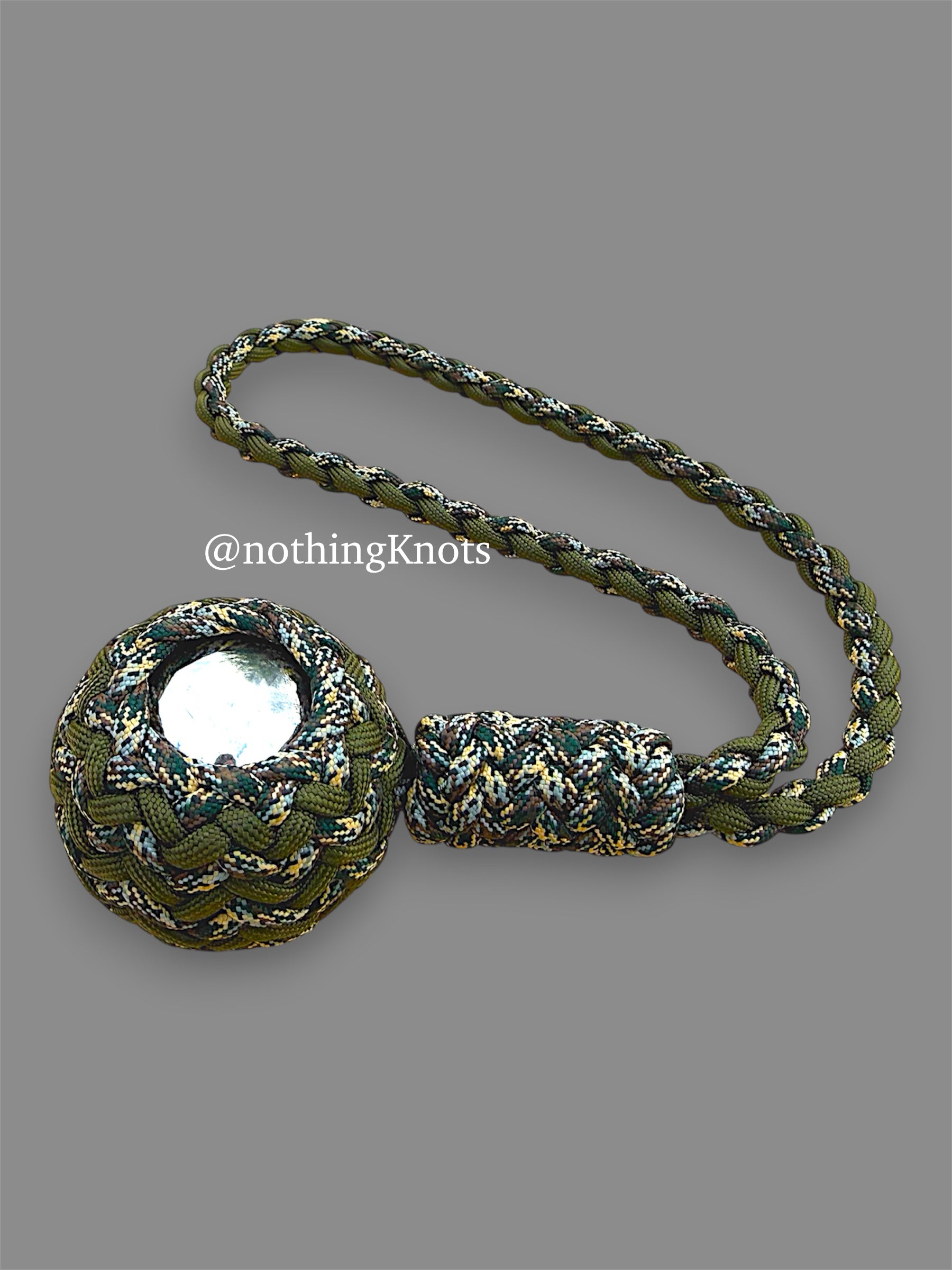 Decorative Paracord Wrapped 2 inch Steel Ball in OD Green and Waterfowl Camo monkey fist style with a handle