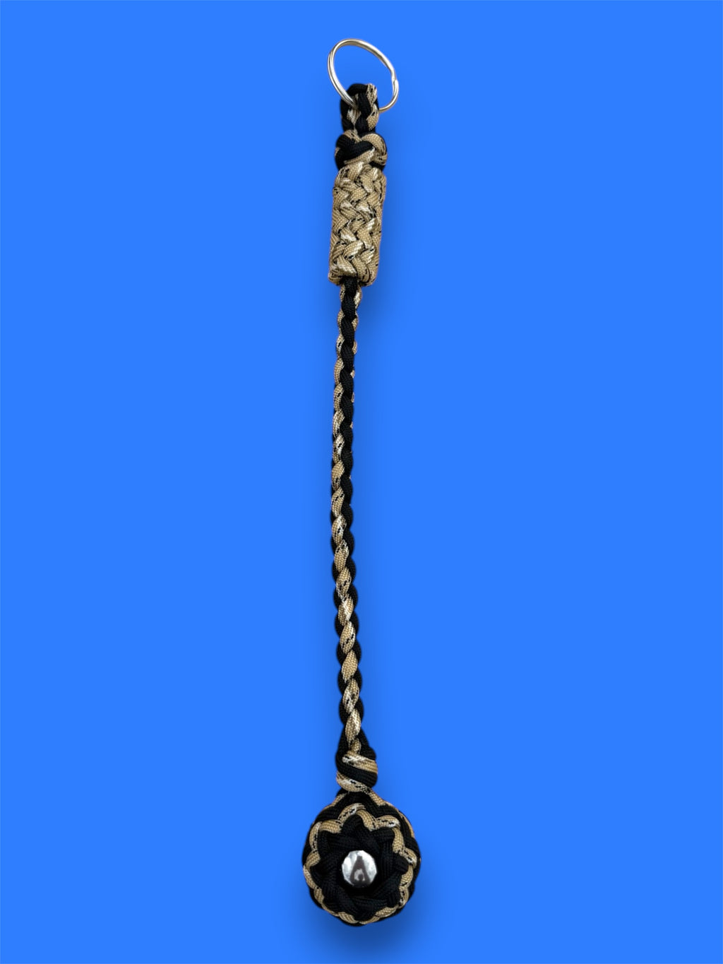Decorative Paracord Wrapped 1.25 inch Steel Ball in Black and Tan Camo Keychain monkey fist style