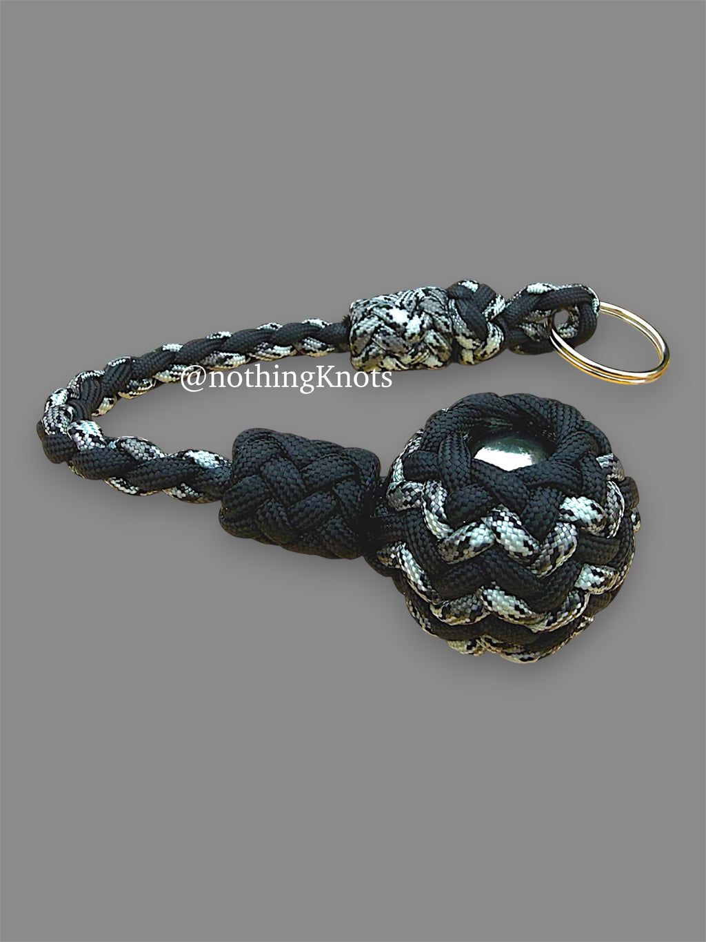 Decorative Paracord Wrapped 1.25 inch Steel Ball in Black and Gray Camo Keychain monkey fist style