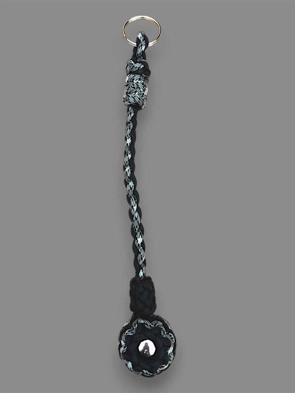 Decorative Paracord Wrapped 1.25 inch Steel Ball in Black and Gray Camo Keychain monkey fist style