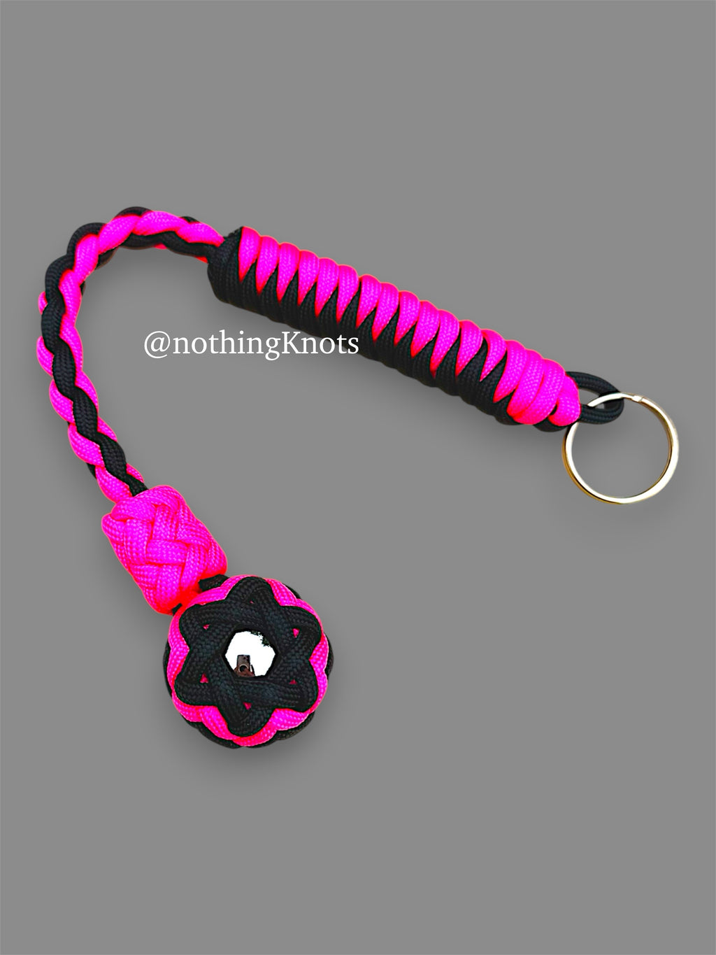 Decorative Paracord Wrapped 1 inch Steel Ball in Black and Neon Pink Keychain monkey fist style on a split ring