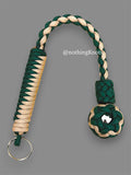 Decorative Paracord Wrapped 1 inch Steel Ball in Green and Tan Keychain monkey fist style on a split ring