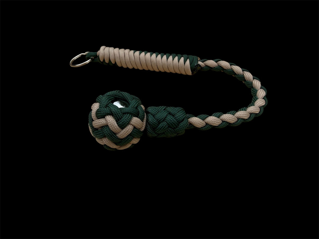 Decorative Paracord Wrapped 1 inch Steel Ball in Green and Tan Keychain monkey fist style on a split ring