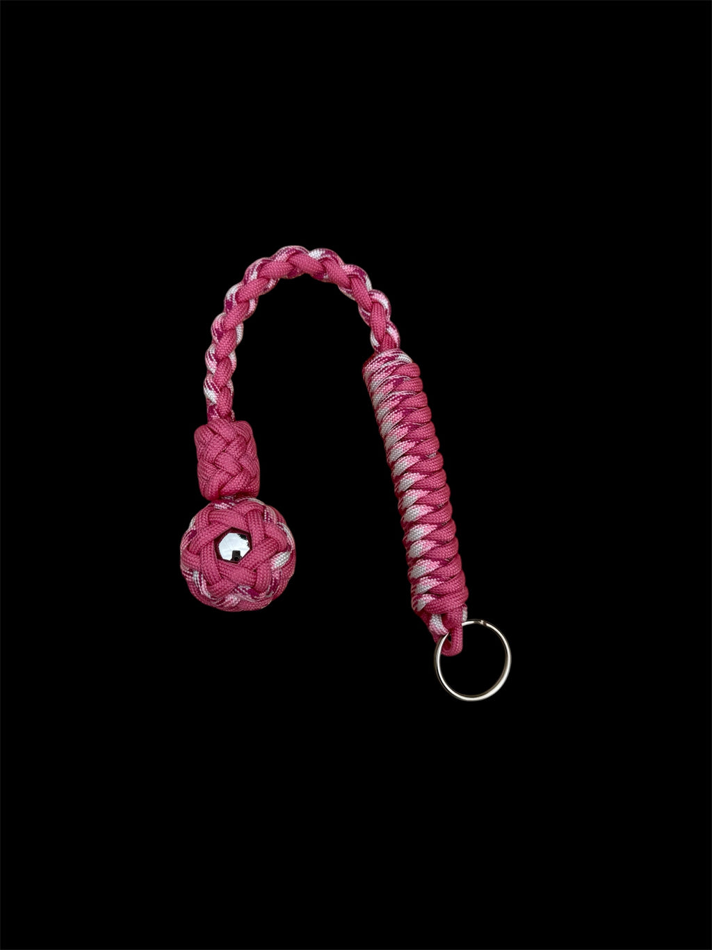 Decorative Paracord Wrapped 1 inch Steel Ball in Rose Pink and Pink Camo Keychain monkey fist style on a split ring