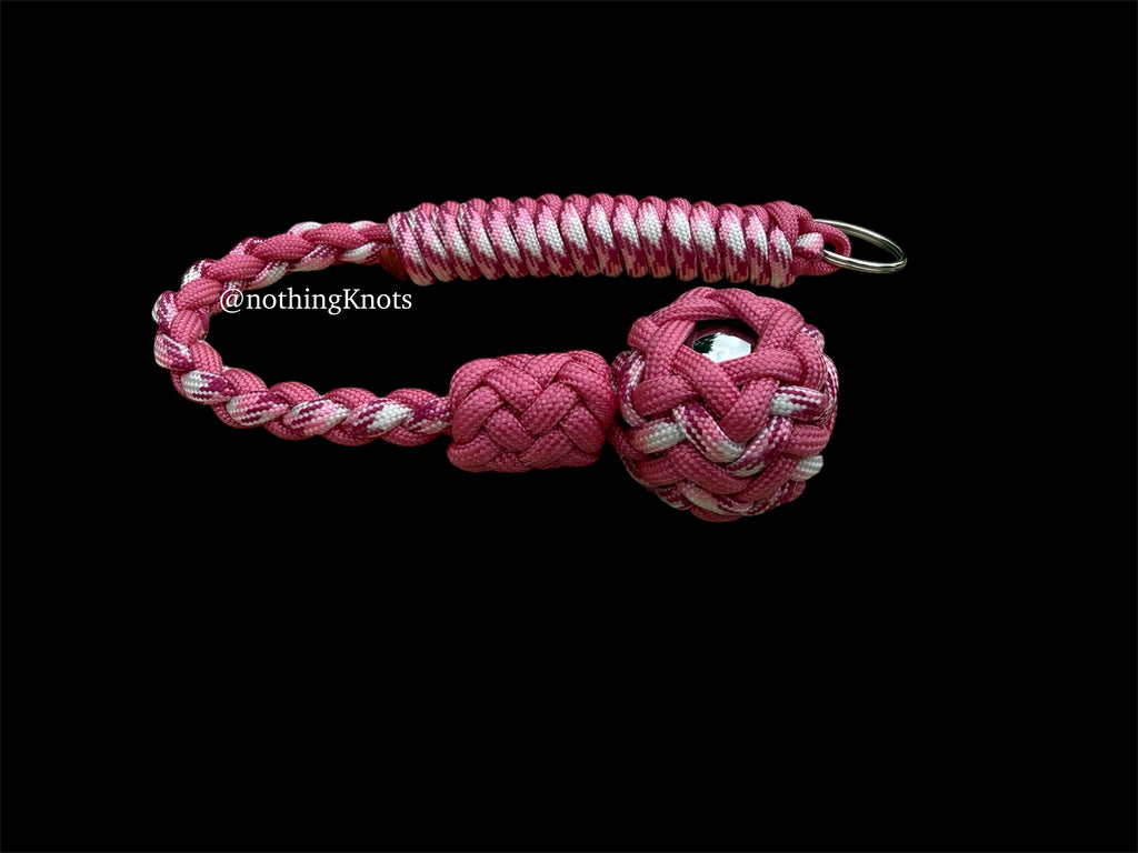 Decorative Paracord Wrapped 1 inch Steel Ball in Rose Pink and Pink Camo Keychain monkey fist style on a split ring