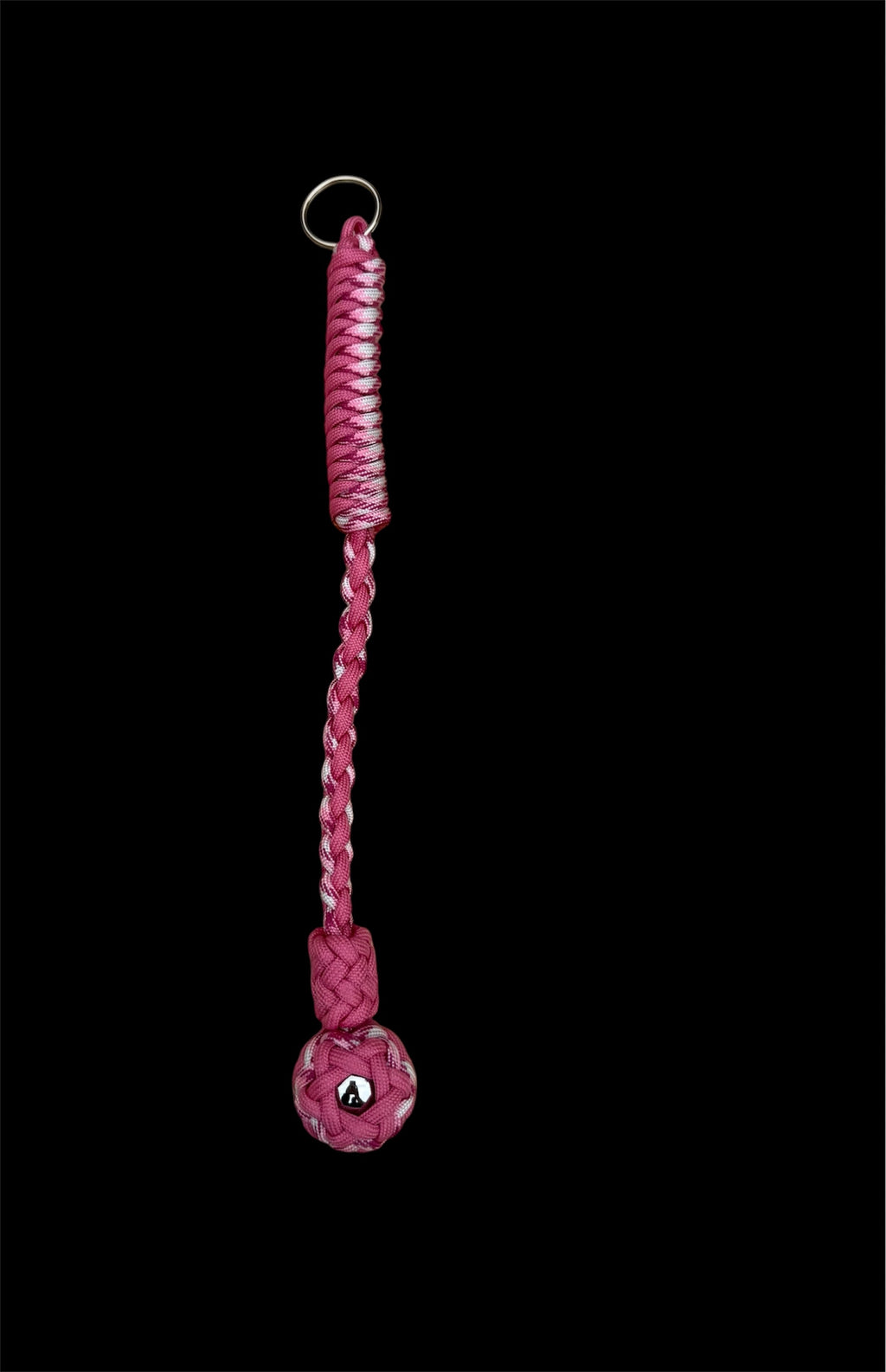 Decorative Paracord Wrapped 1 inch Steel Ball in Rose Pink and Pink Camo Keychain monkey fist style on a split ring