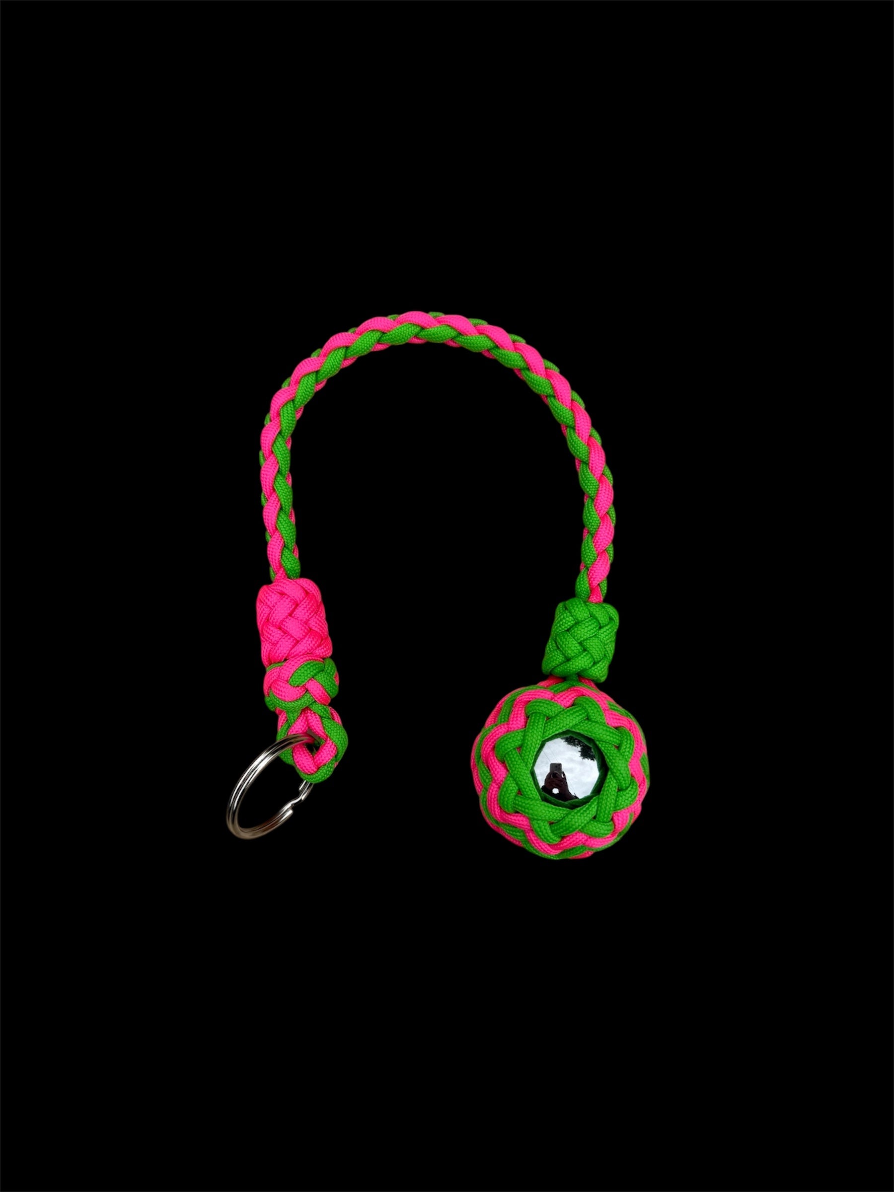 Decorative Paracord Wrapped 1.5 inch Steel Ball in Hot Pink and Neon Green monkey fist style on a split ring