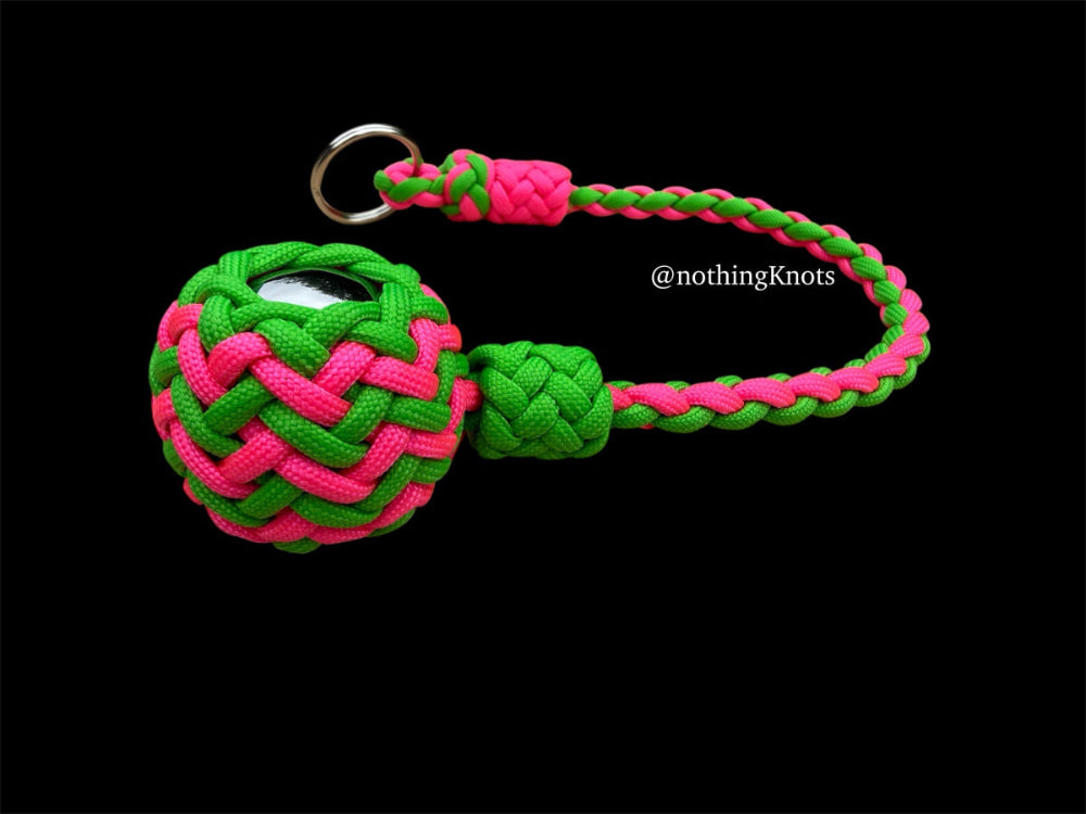 Decorative Paracord Wrapped 1.5 inch Steel Ball in Hot Pink and Neon Green monkey fist style on a split ring