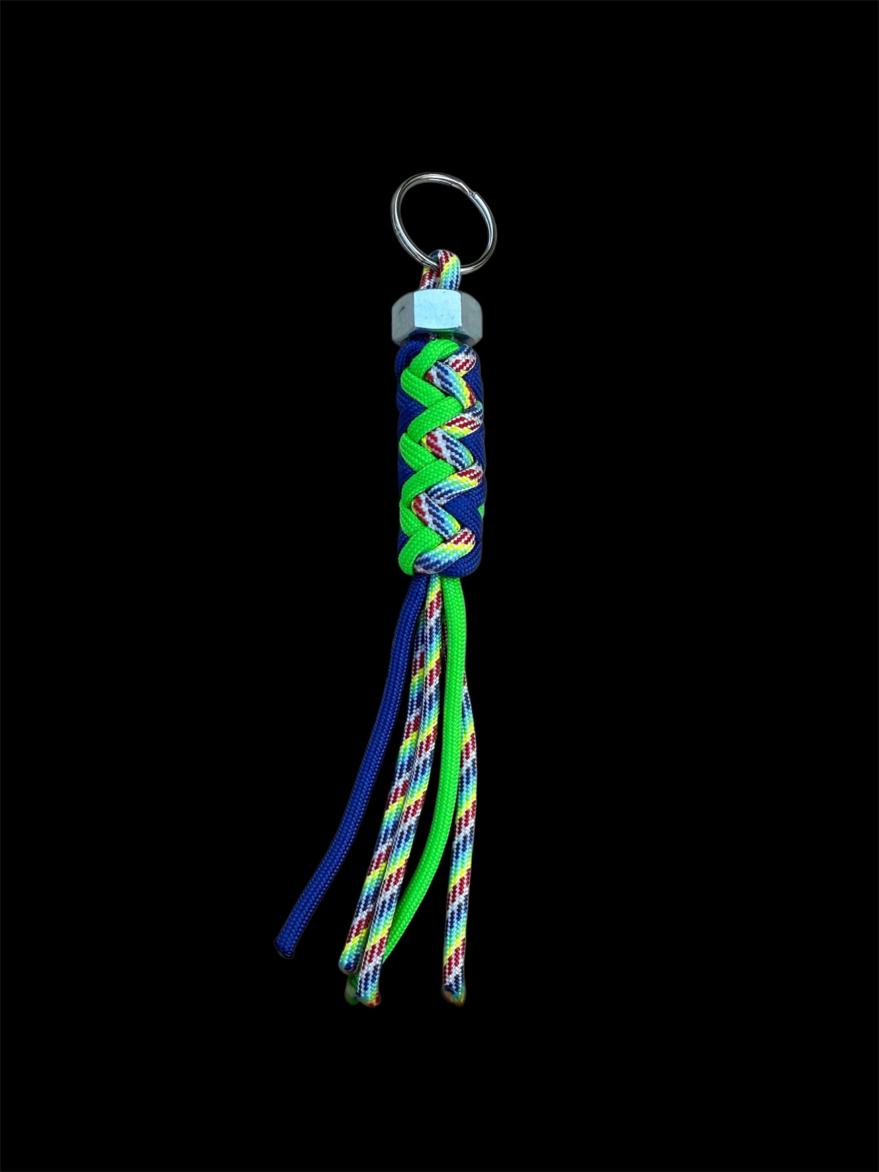 Paracord Decorative Keychain in Blue/Neon Green/Rainbow on a split ring with hex nut