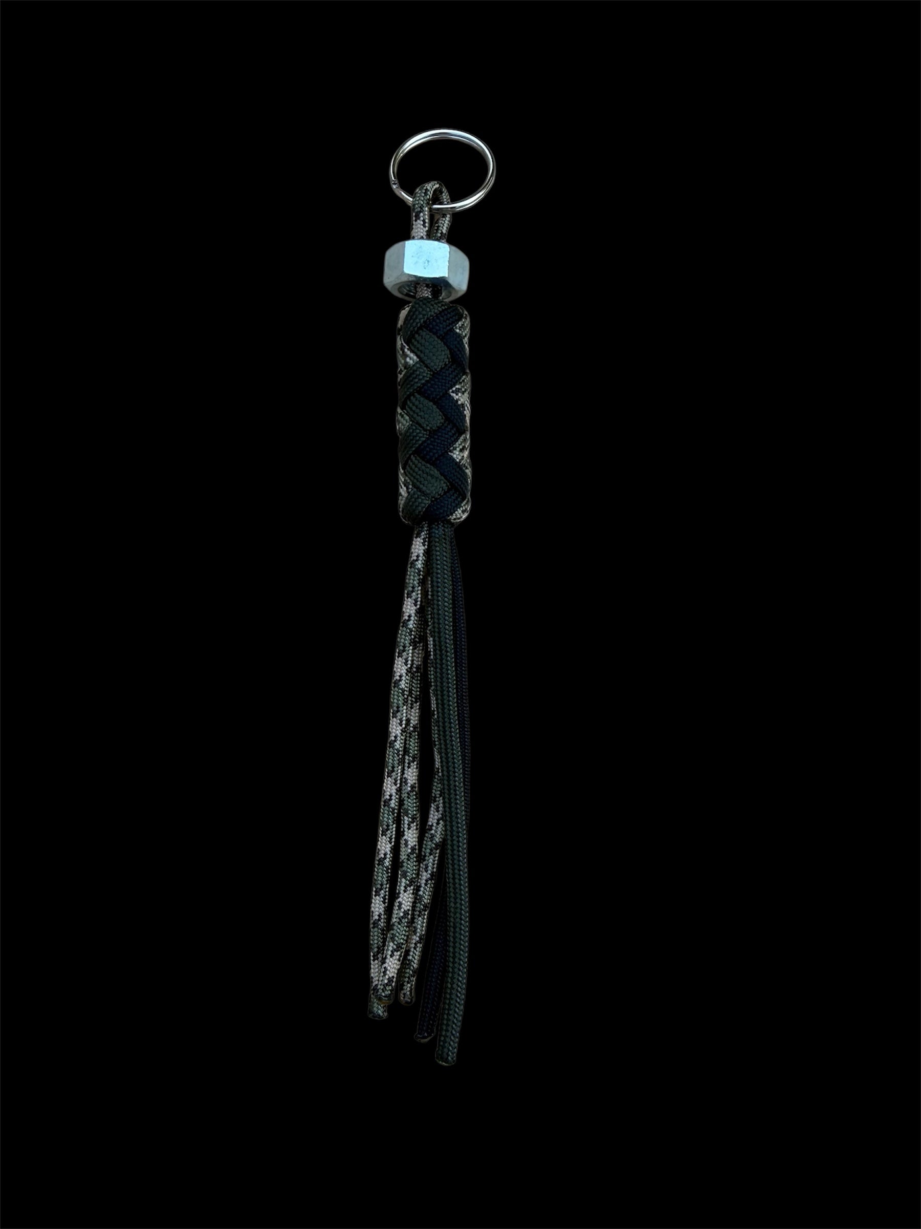 Paracord Decorative Keychain in OD Green, Black, and Camo on a split ring with hex nut