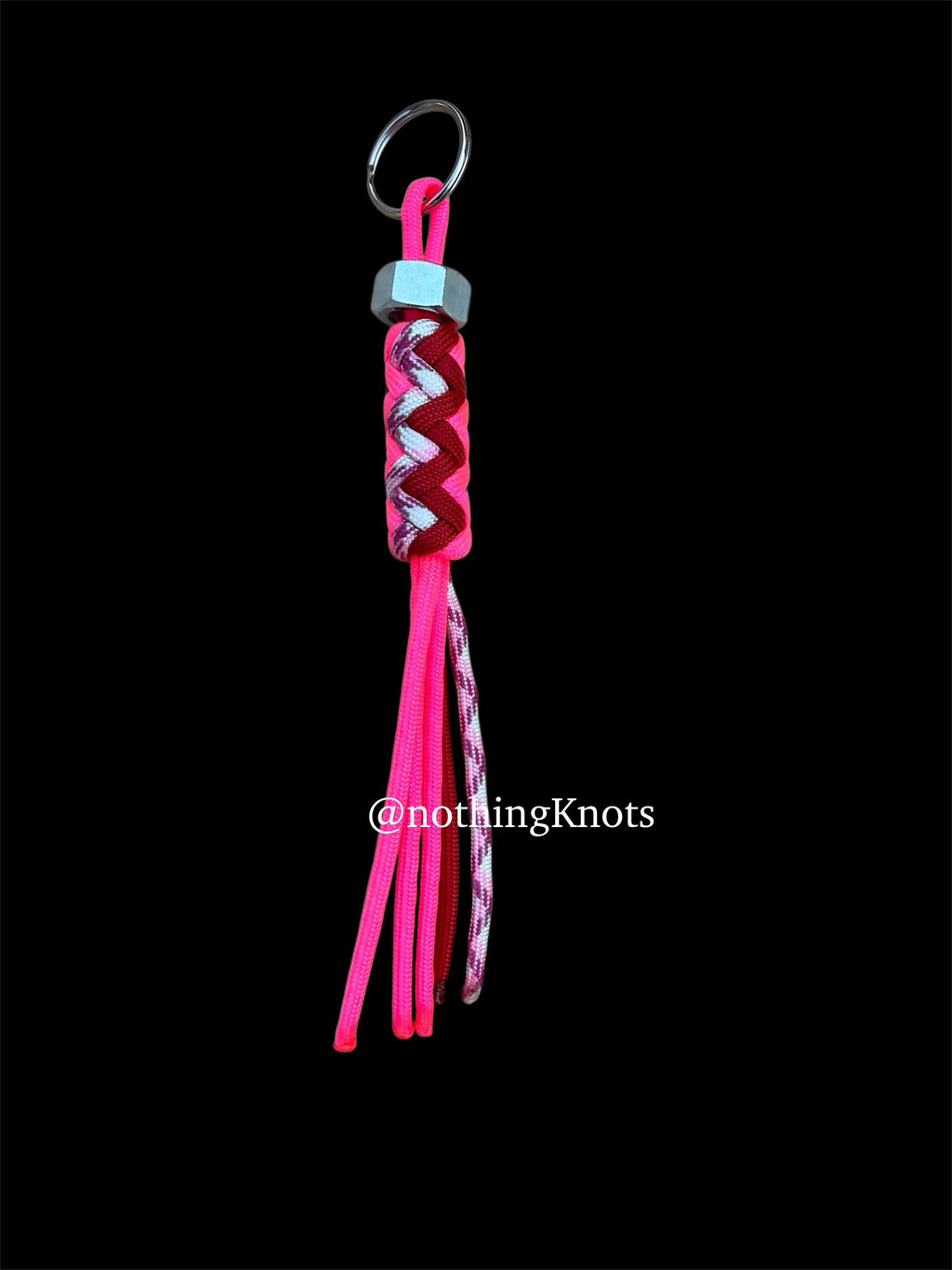 Paracord Decorative Keychain Red/Hot Pink/Pink Camo on a split ring with hex nut