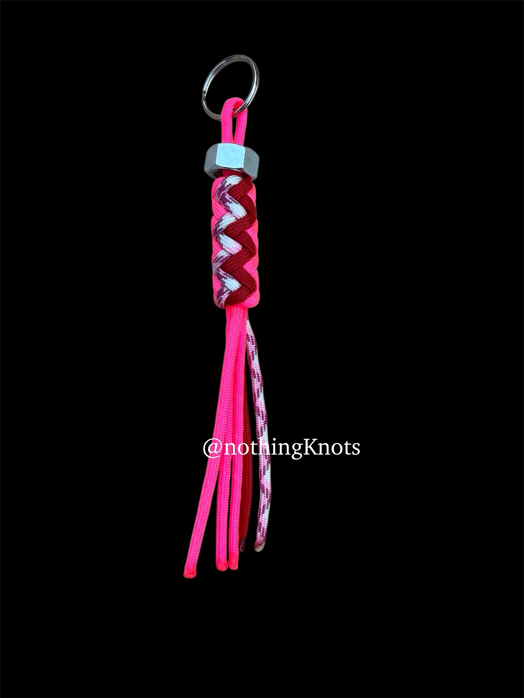 Paracord Decorative Keychain Red/Hot Pink/Pink Camo on a split ring with hex nut