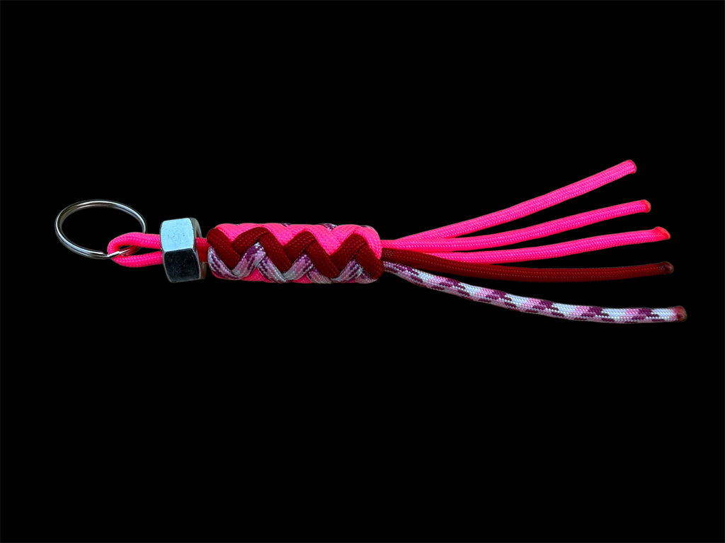Paracord Decorative Keychain Red/Hot Pink/Pink Camo on a split ring with hex nut