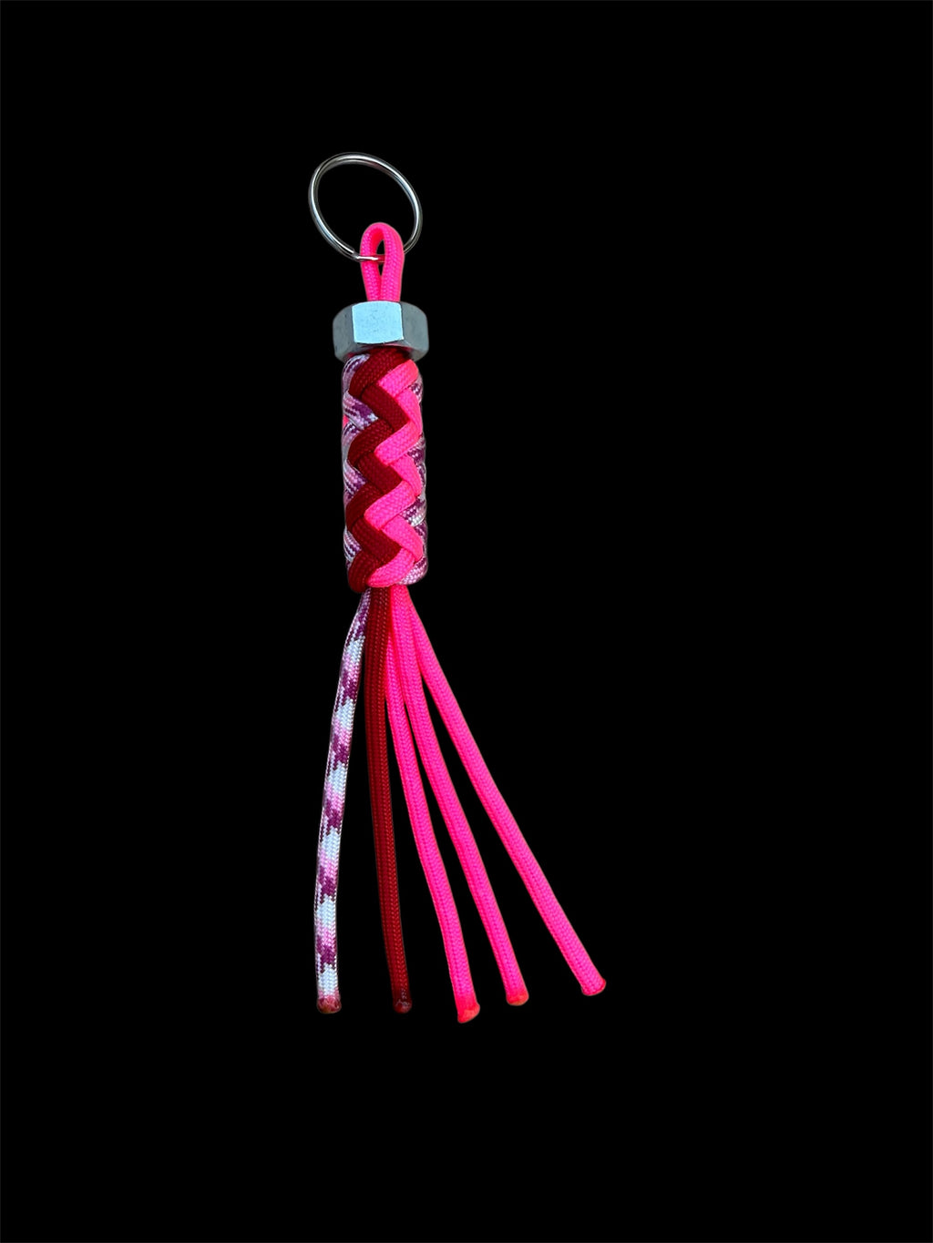 Paracord Decorative Keychain Red/Hot Pink/Pink Camo on a split ring with hex nut