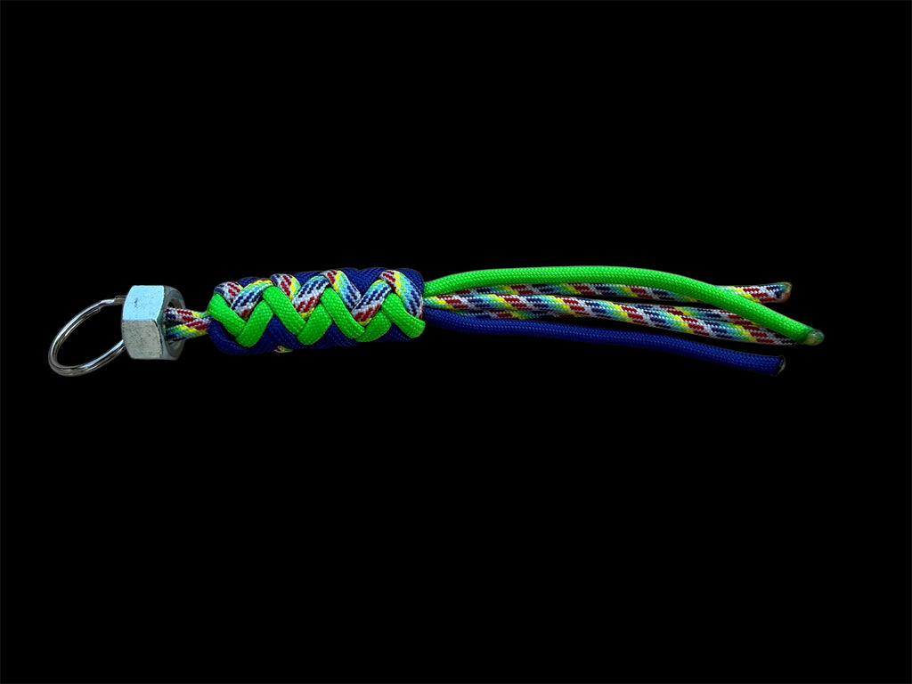 Paracord Decorative Keychain in Blue/Neon Green/Rainbow on a split ring with hex nut