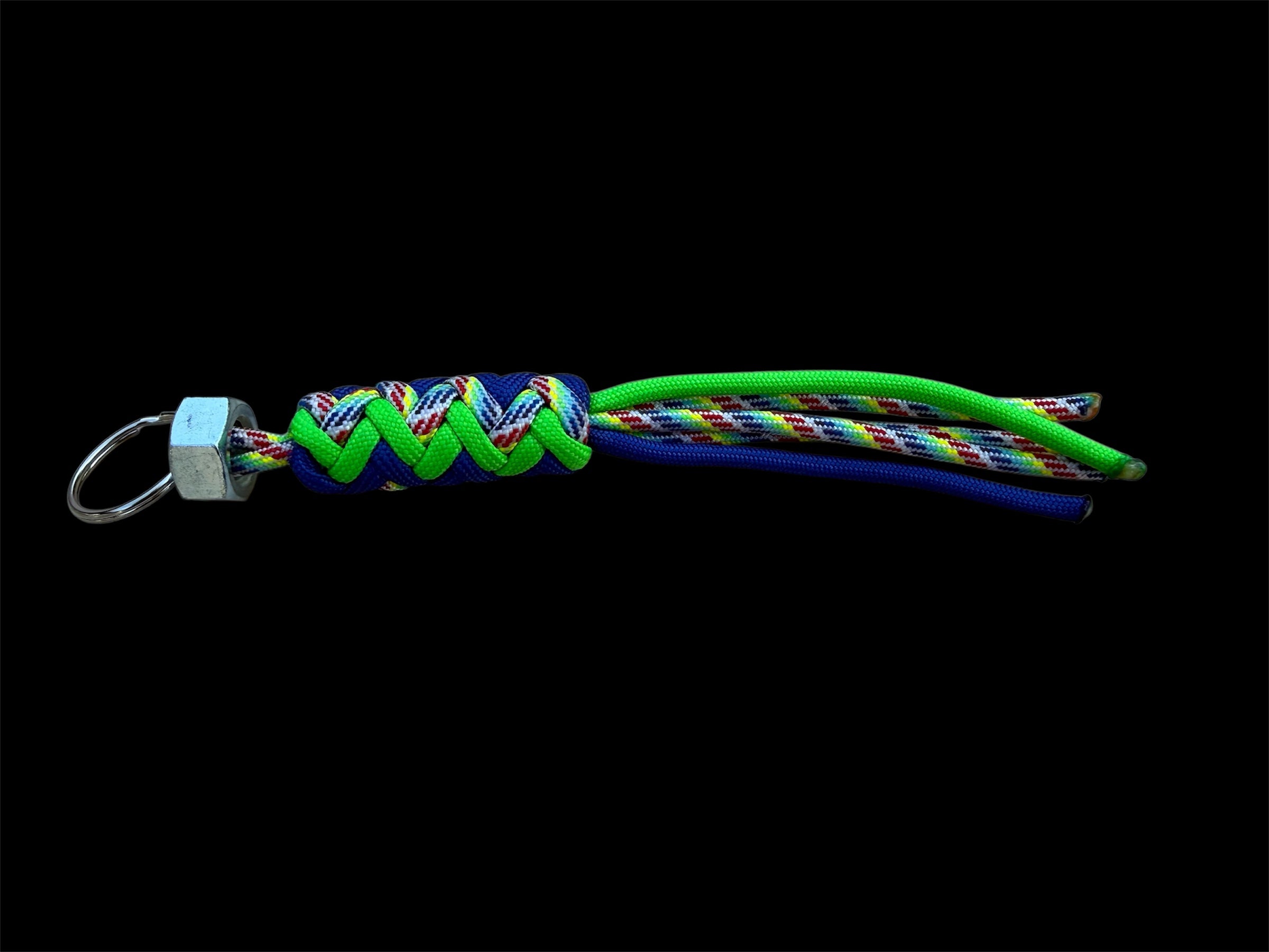 Paracord Decorative Keychain in Blue/Neon Green/Rainbow on a split ring with hex nut