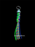Paracord Decorative Keychain in Blue/Neon Green/Rainbow on a split ring with hex nut