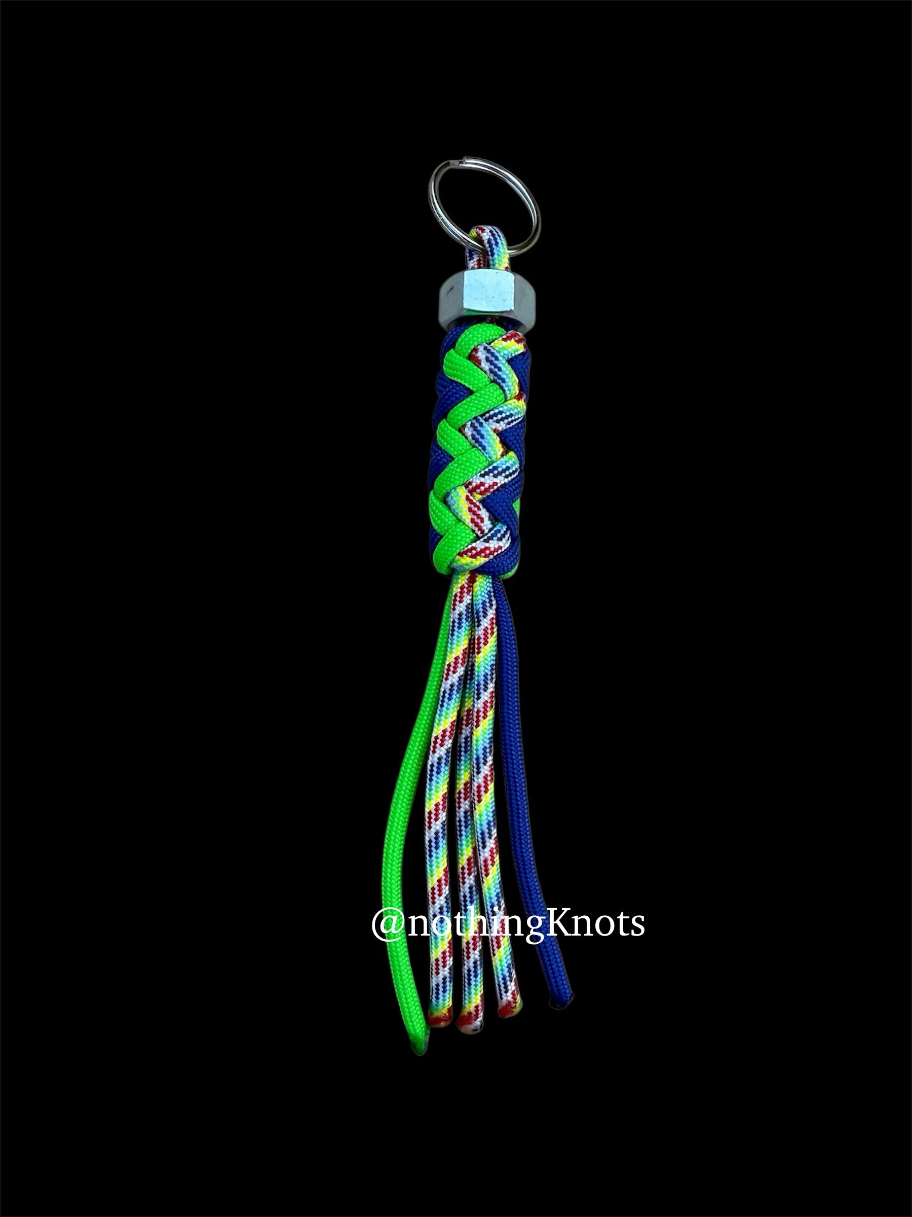 Paracord Decorative Keychain in Blue/Neon Green/Rainbow on a split ring with hex nut