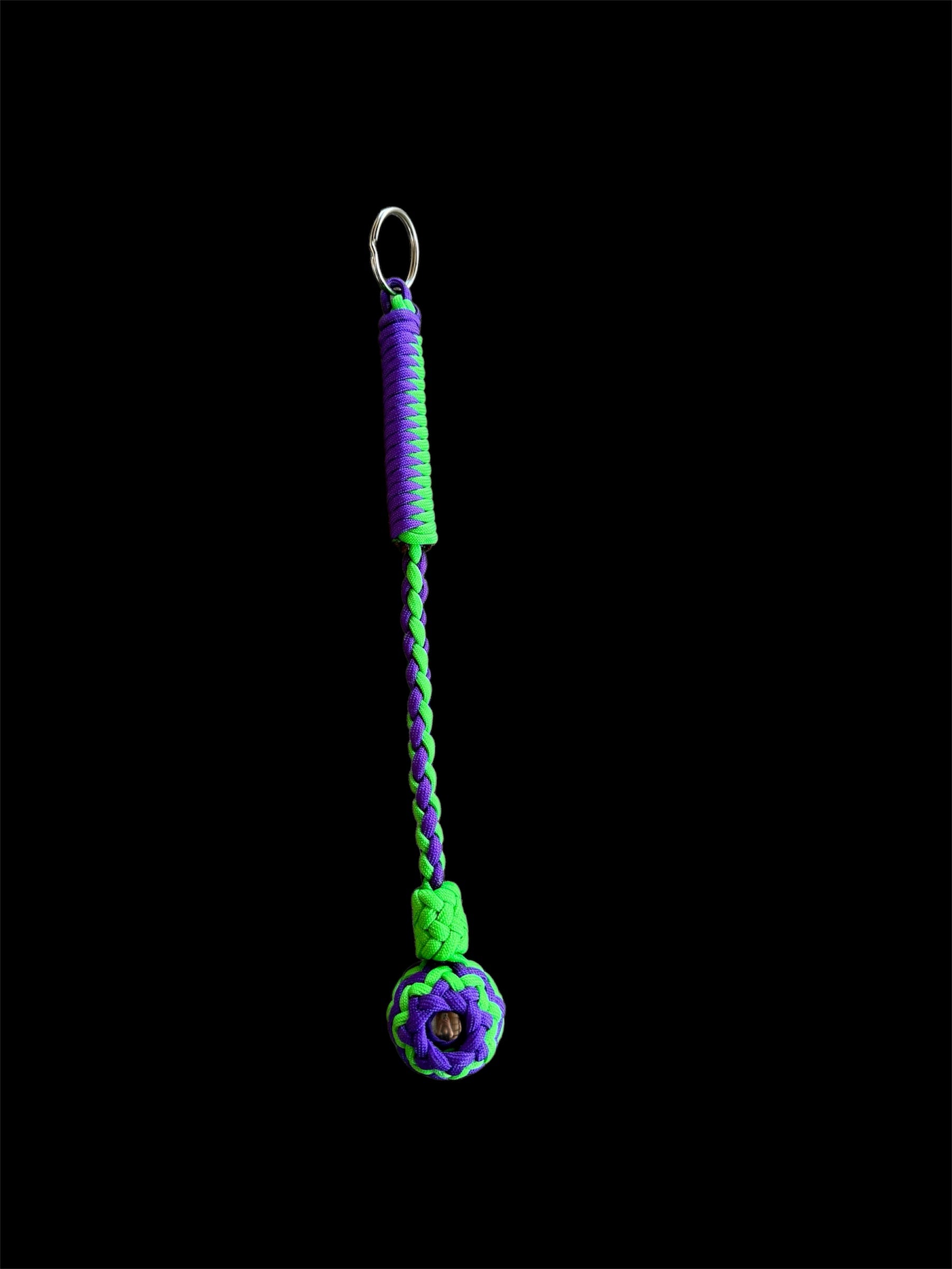 Decorative Paracord Wrapped 1.25 inch Steel Ball in Neon Green and Acid Purple Keychain monkey fist style