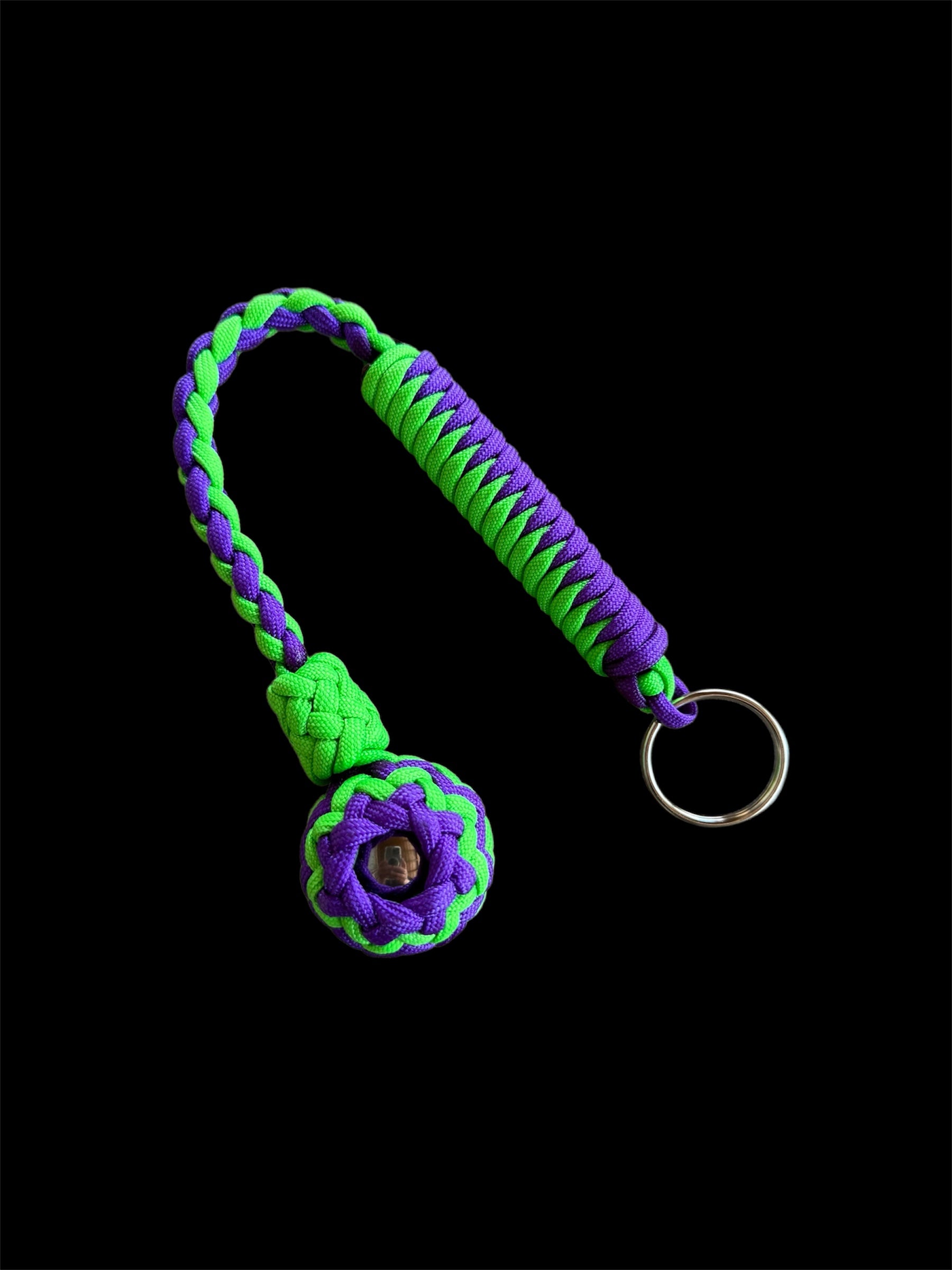 Decorative Paracord Wrapped 1.25 inch Steel Ball in Neon Green and Acid Purple Keychain monkey fist style