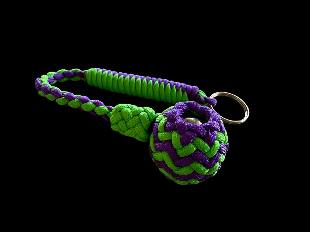 Decorative Paracord Wrapped 1.25 inch Steel Ball in Neon Green and Acid Purple Keychain monkey fist style