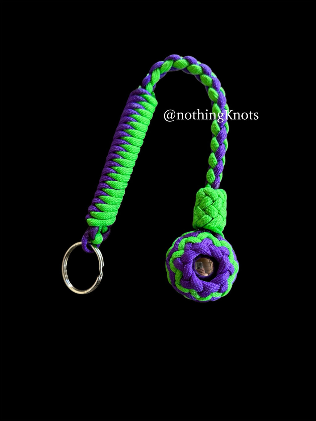 Decorative Paracord Wrapped 1.25 inch Steel Ball in Neon Green and Acid Purple Keychain monkey fist style