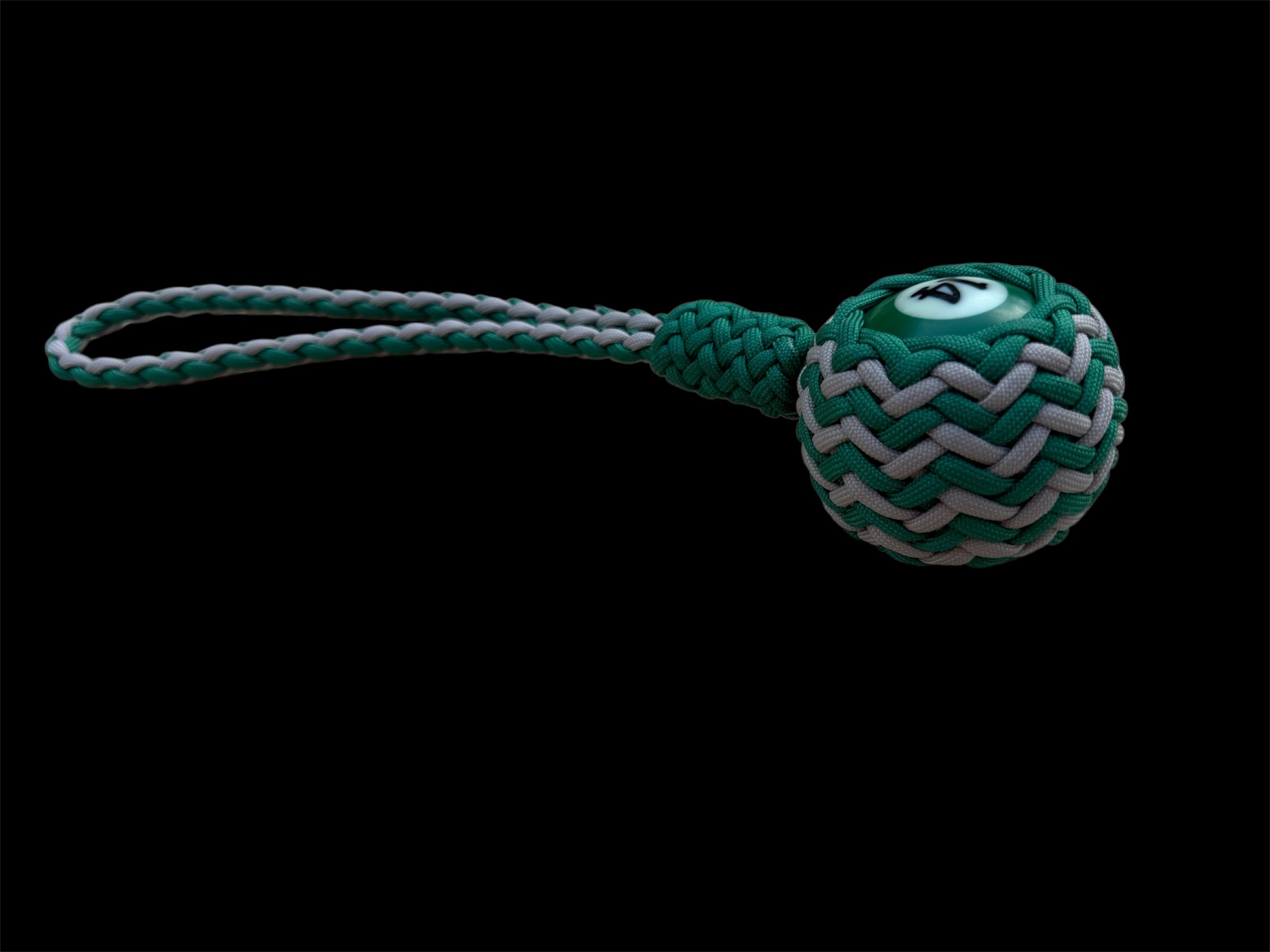 Decorative Paracord Wrapped Full Size Pool Ball Number 14 in Kelly Green and Tan Keychain monkey fist style on a handle