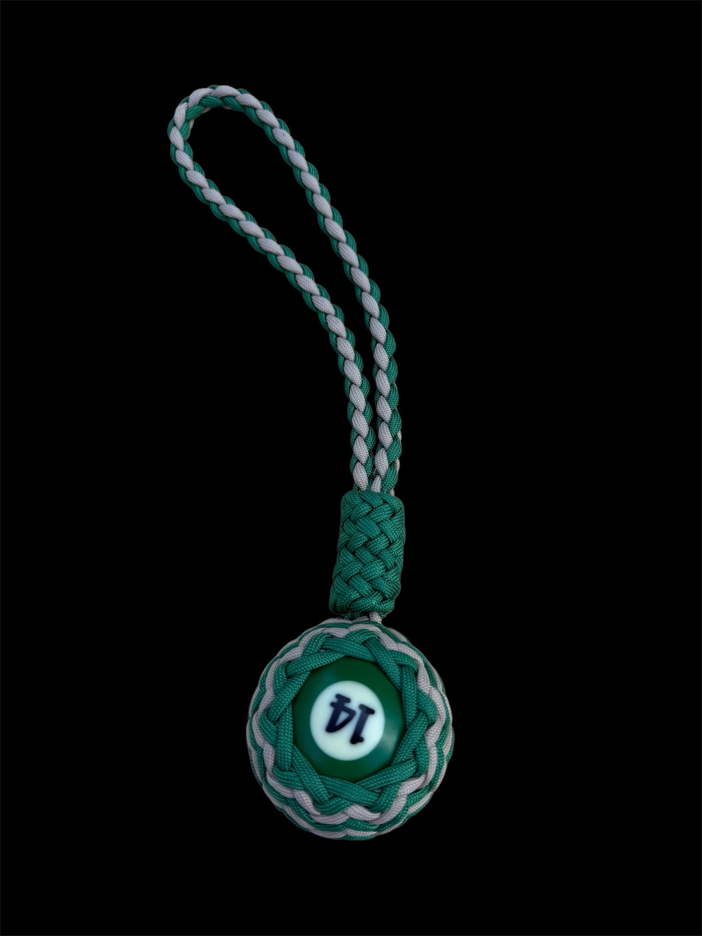 Decorative Paracord Wrapped Full Size Pool Ball Number 14 in Kelly Green and Tan Keychain monkey fist style on a handle