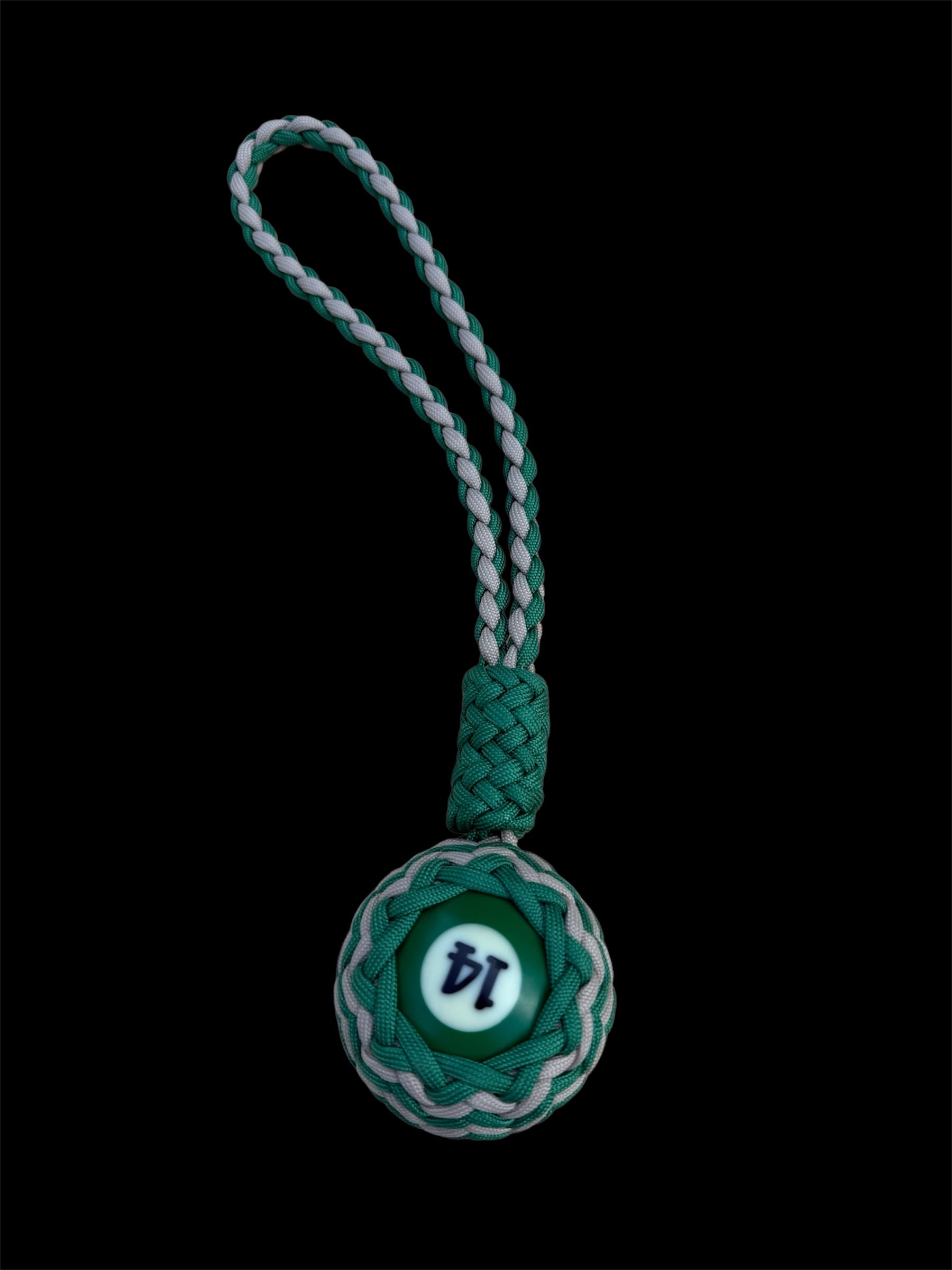 Decorative Paracord Wrapped Full Size Pool Ball Number 14 in Kelly Green and Tan Keychain monkey fist style on a handle