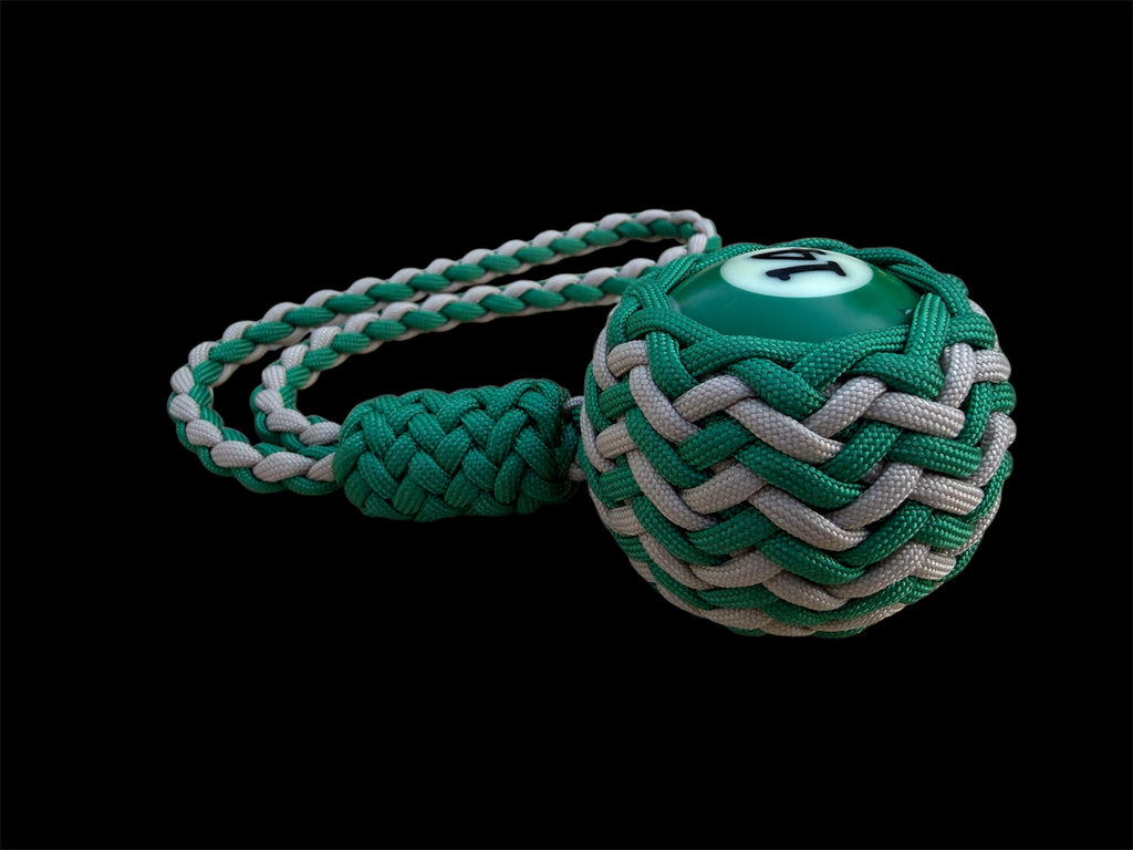 Decorative Paracord Wrapped Full Size Pool Ball Number 14 in Kelly Green and Tan Keychain monkey fist style on a handle