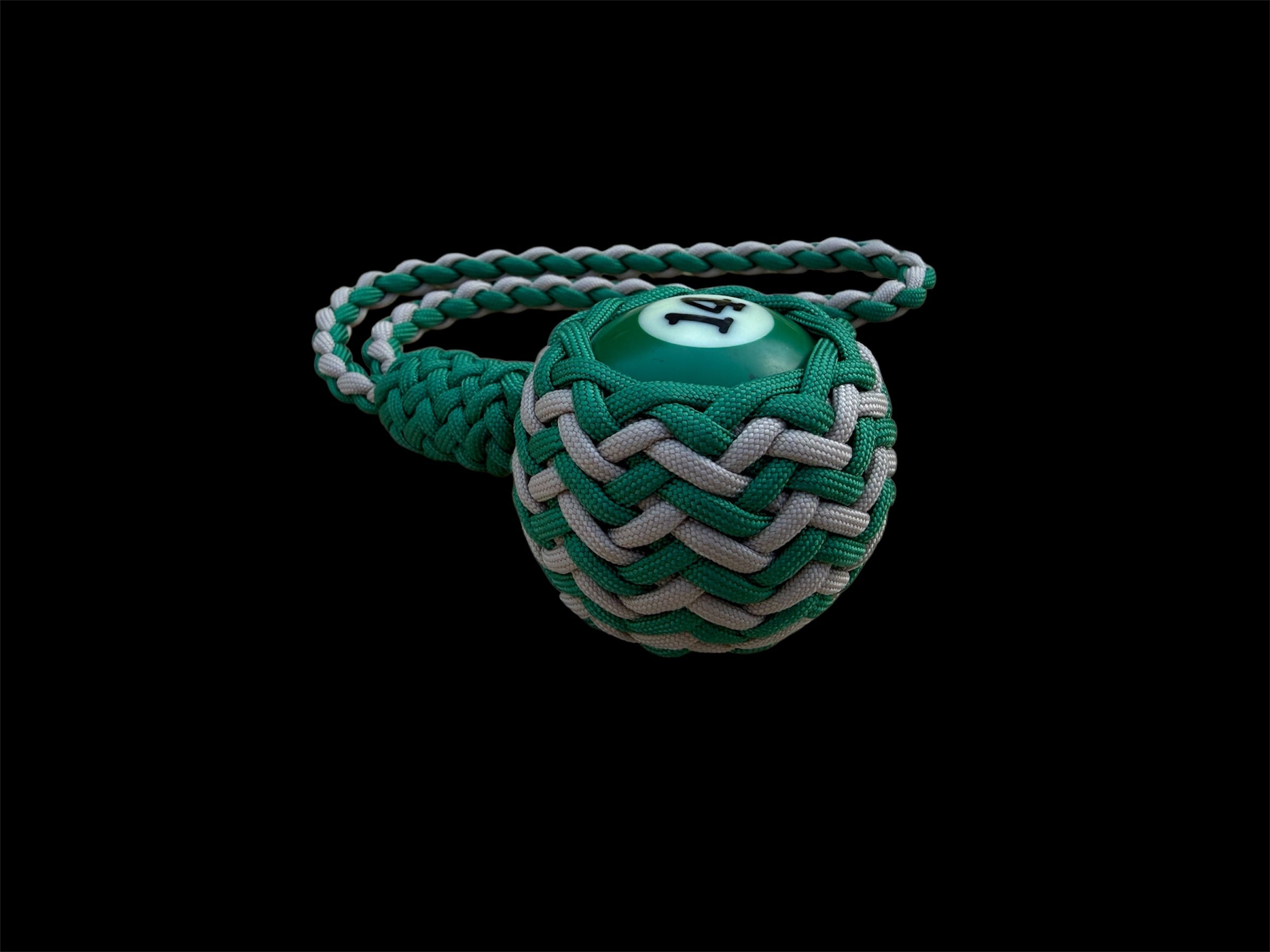 Decorative Paracord Wrapped Full Size Pool Ball Number 14 in Kelly Green and Tan Keychain monkey fist style on a handle