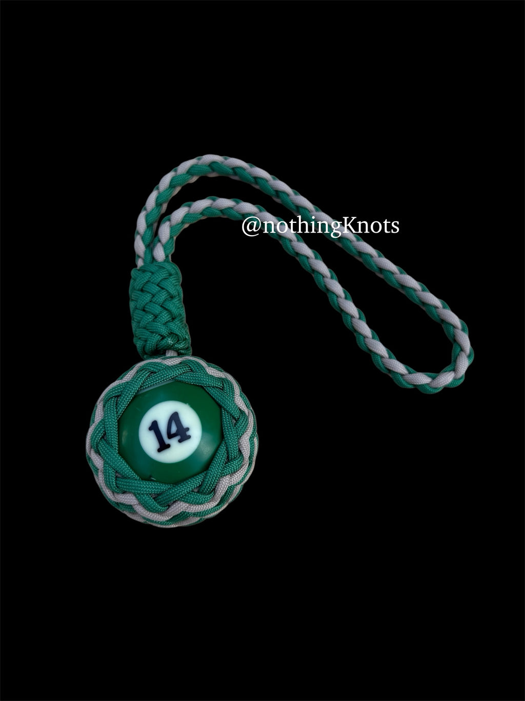 Decorative Paracord Wrapped Full Size Pool Ball Number 14 in Kelly Green and Tan Keychain monkey fist style on a handle