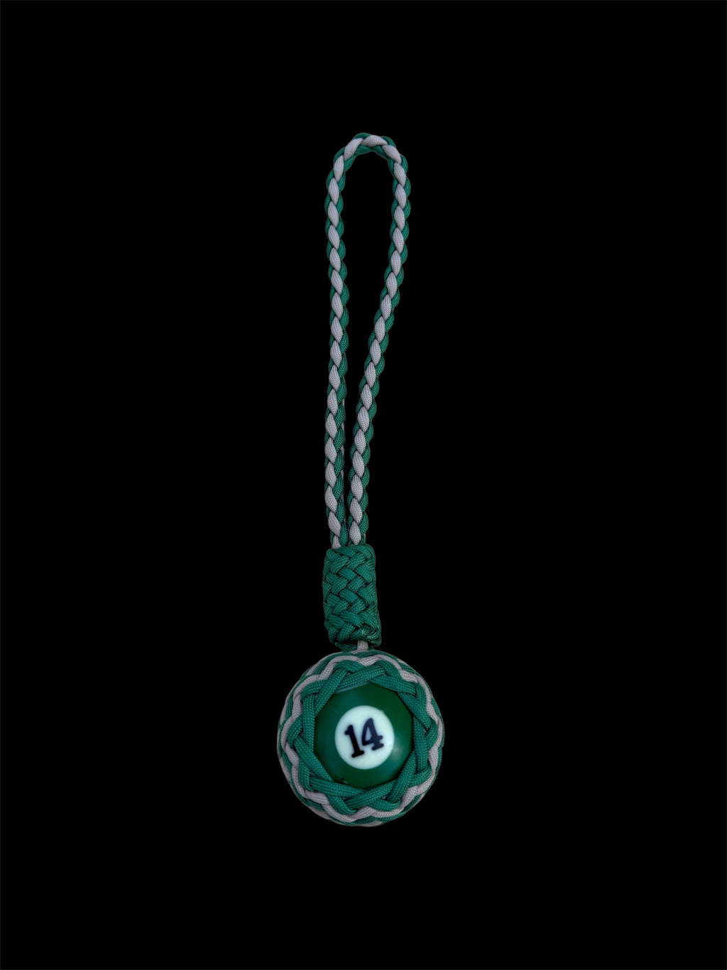 Decorative Paracord Wrapped Full Size Pool Ball Number 14 in Kelly Green and Tan Keychain monkey fist style on a handle