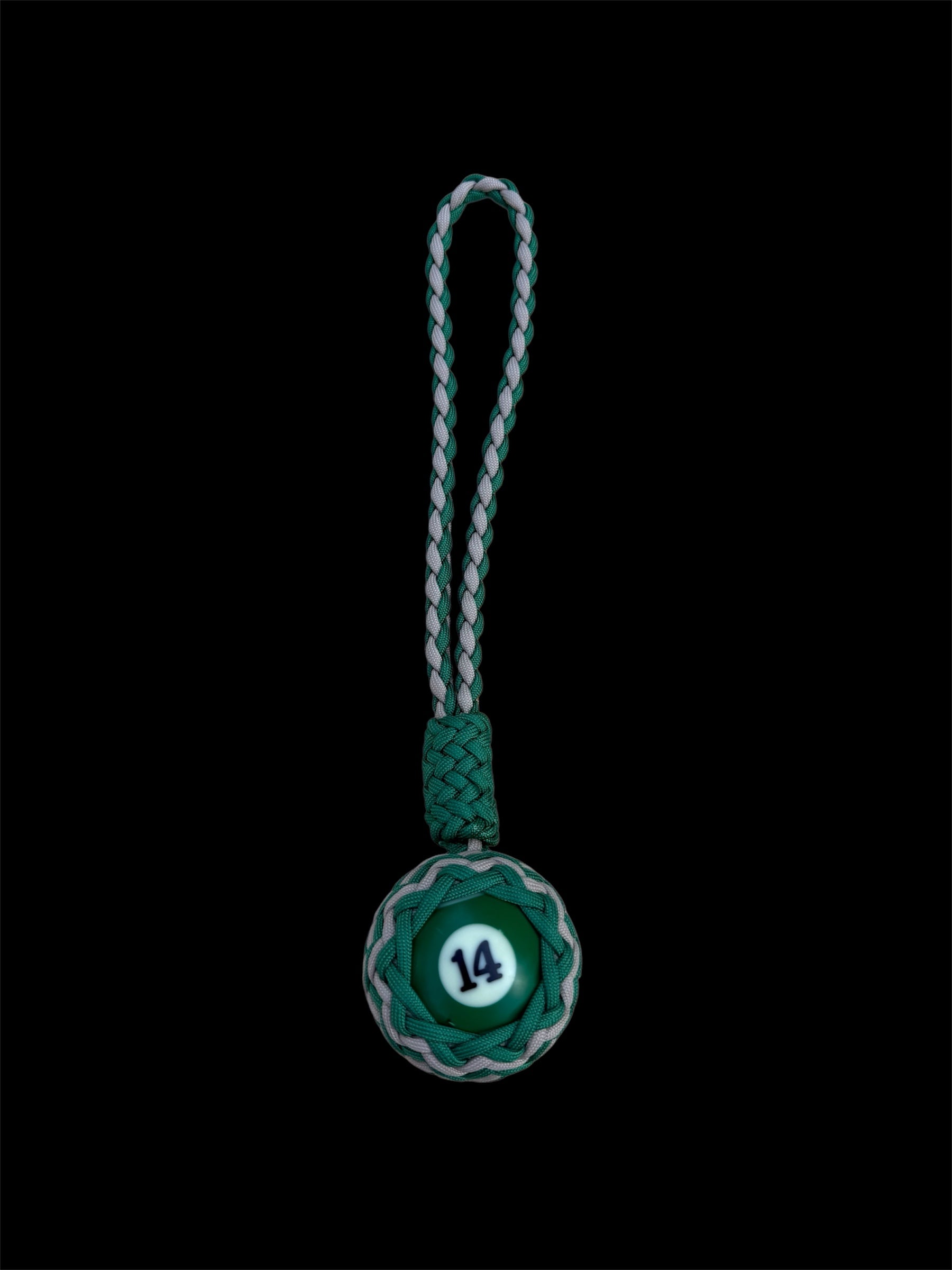 Decorative Paracord Wrapped Full Size Pool Ball Number 14 in Kelly Green and Tan Keychain monkey fist style on a handle
